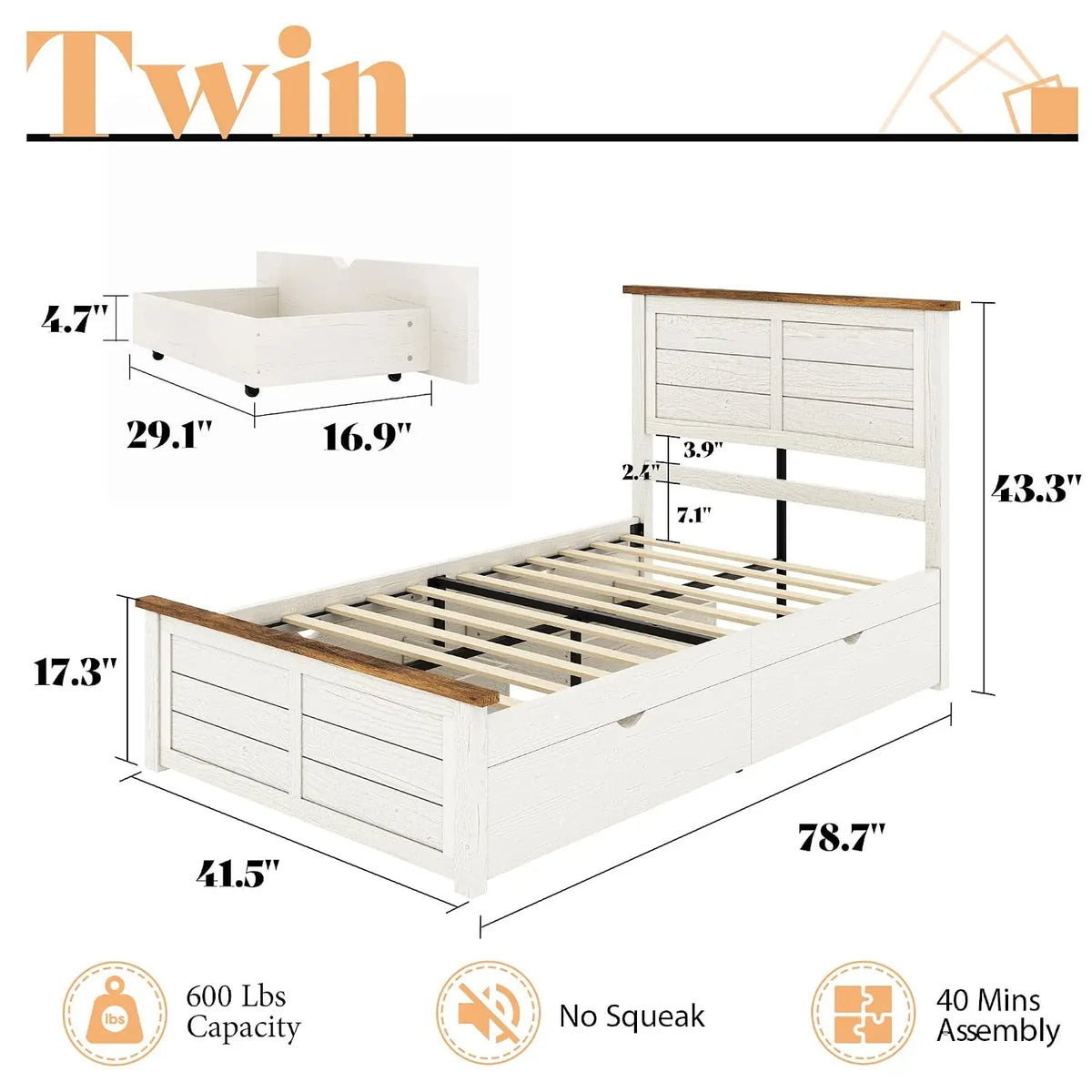 Twin Bed Frame With Headboard And 4 Storage Drawers Wood Slats