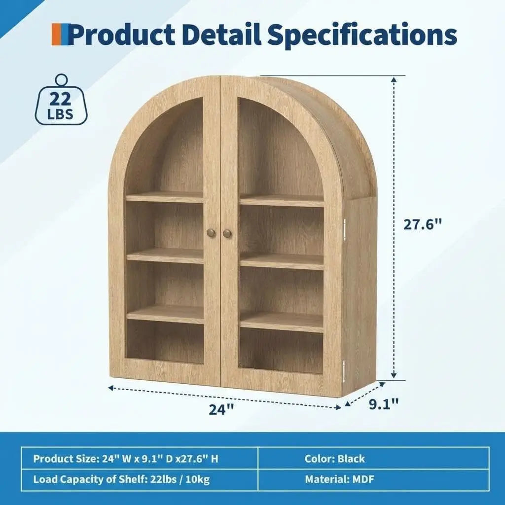 Arched Bathroom Wall Cabinet, Wall Mounted Display Cabinet with Glass Doors & Adjustable Shelves, Medicine Cabinet for Living Room Kitchen