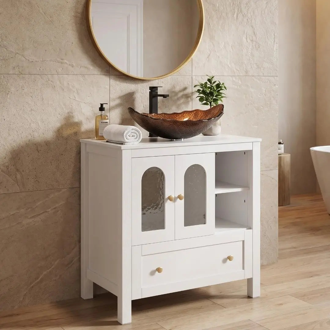 30" Bathroom Vanity with Sink, Freestanding Cabinet, 2 Water Ripple Doors & 1 Drawer, Soft-Close, Silver Glass Boat Sink, White,