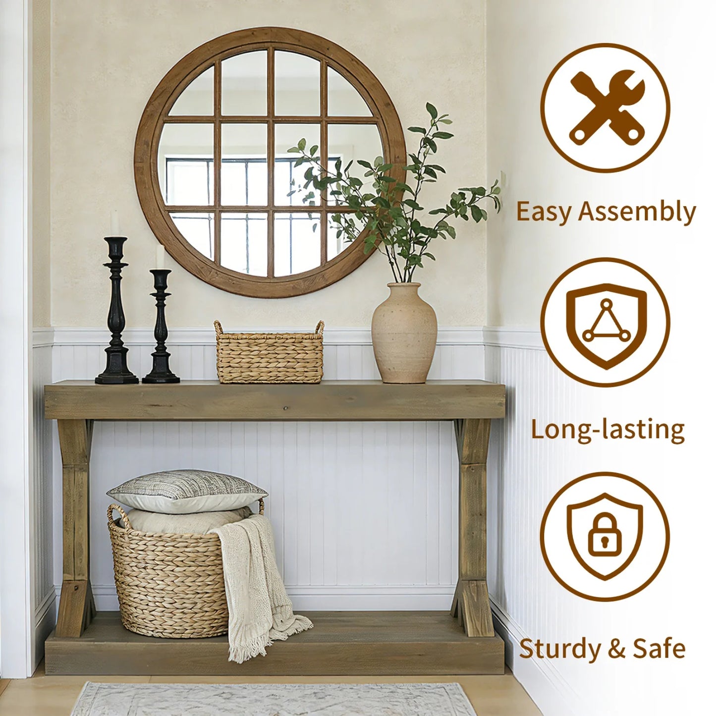 120cm Solid Wood Console Table Farmhouse Entryway Table Rectangular Couch Tables Behind Sofa Accent Tables for Hallway Entrance Foyer Living Room