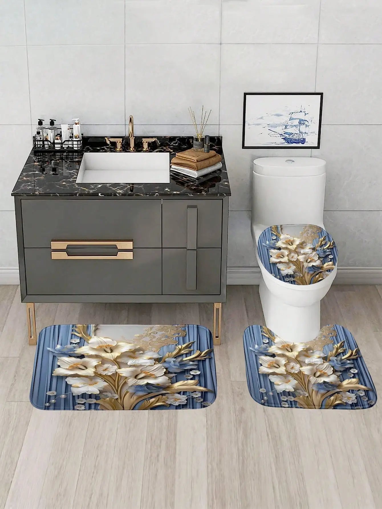 Plant Pattern Shower Curtain Set With U Shaped Mat