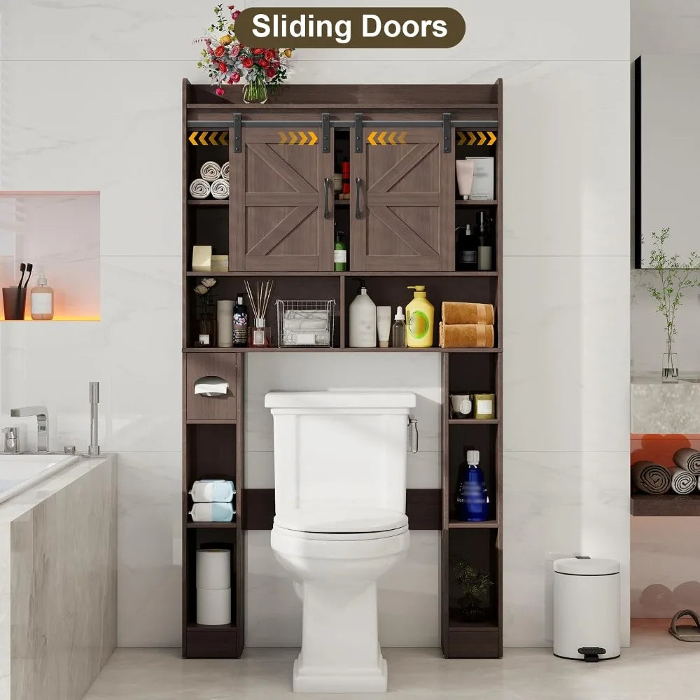 Farmhouse Over Toilet Storage Cabinet with Sliding Doors, Space-Saving Bathroom Shelf, Espresso