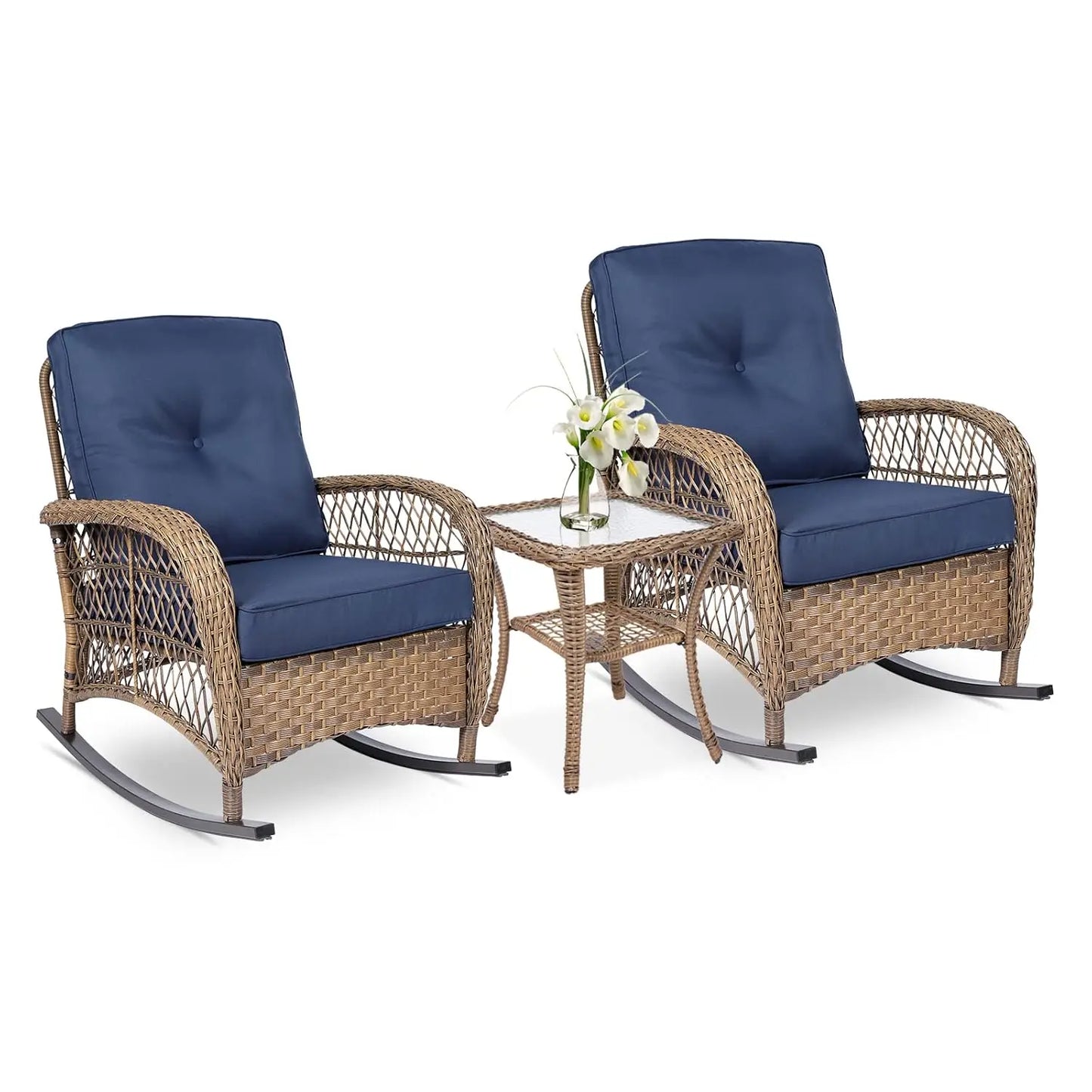 Outdoor Wicker Rocking Bistro Set Cushioned Chairs Glass Top Table