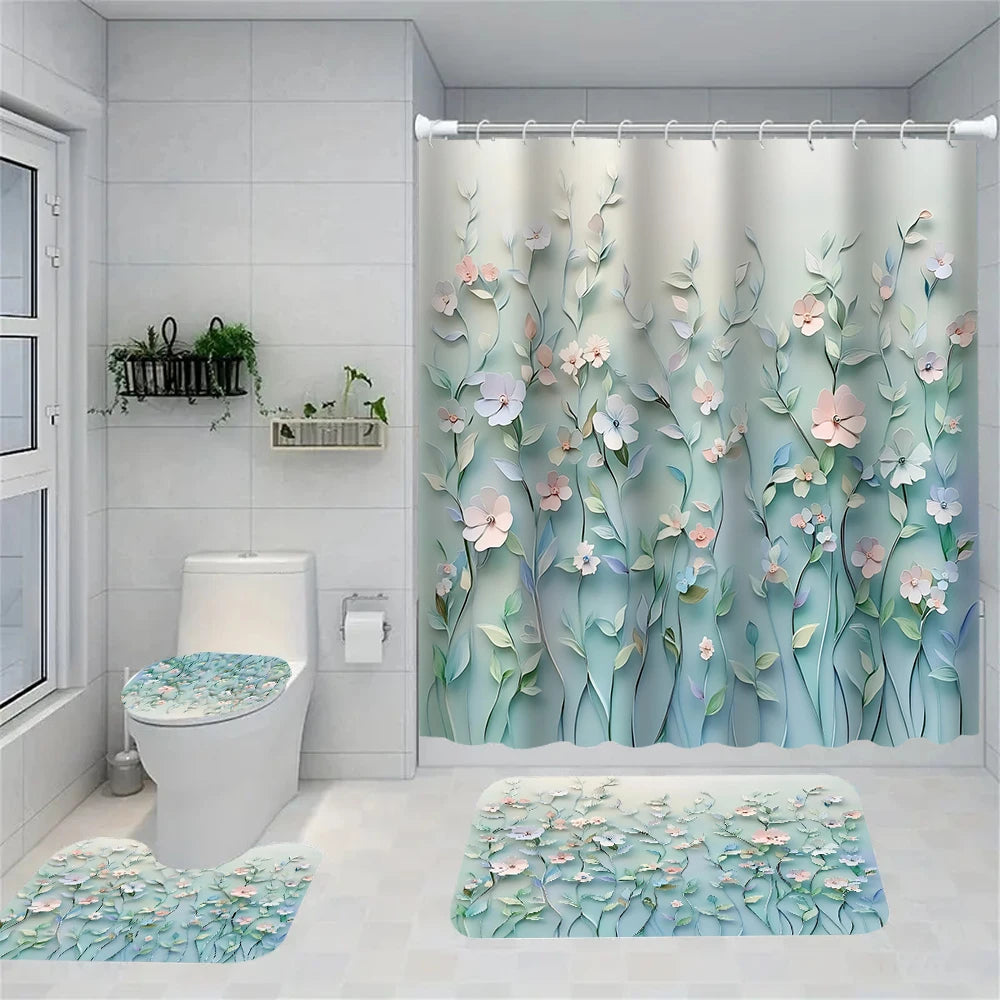 Flower Bird Shower Curtain Set With Carpet And Toilet Seat