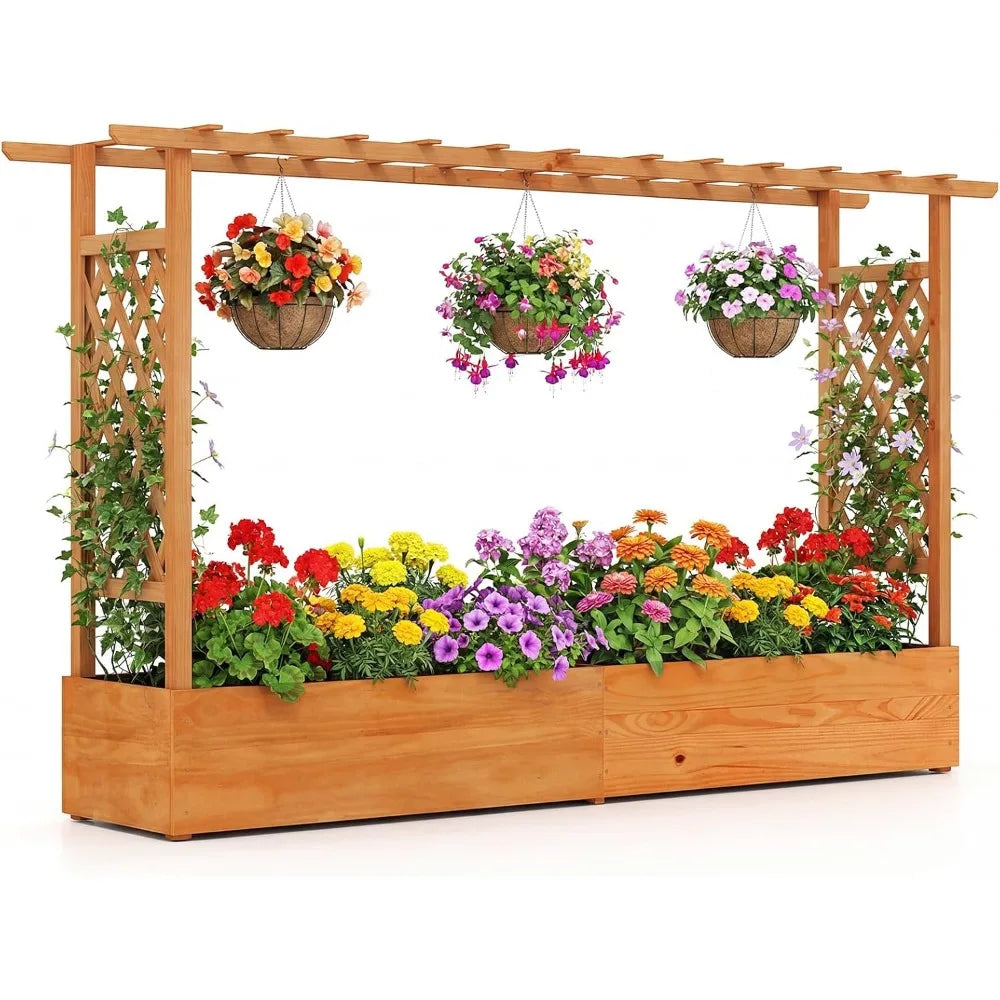 Raised Garden Bed With Trellis And Hanging Roof Planter Box