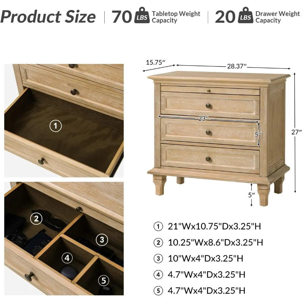 Farmhouse End Table With Charging Station 3 Drawers