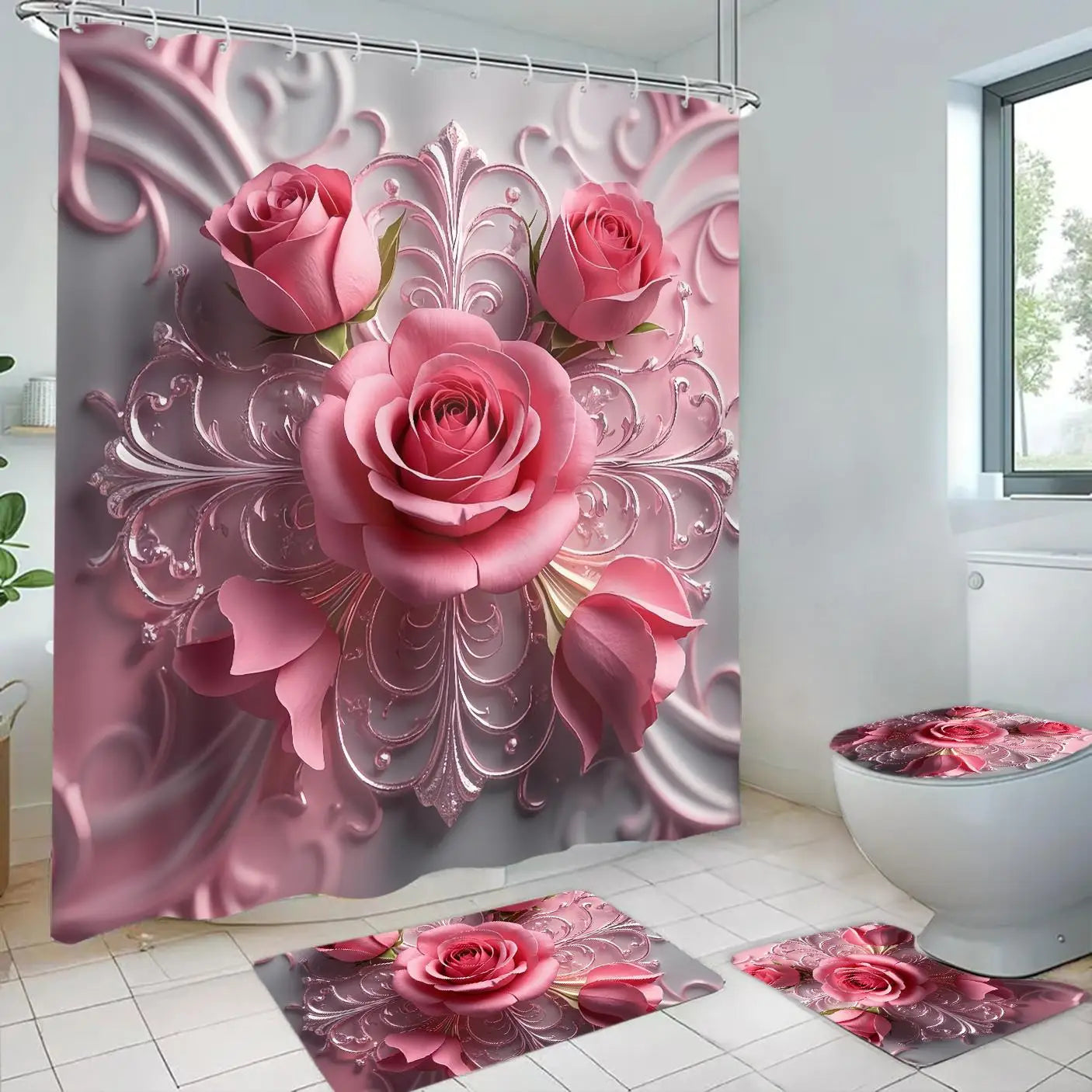 Waterproof 3D Flower Bathroom Curtain Set 4-Piece Non-Perforated