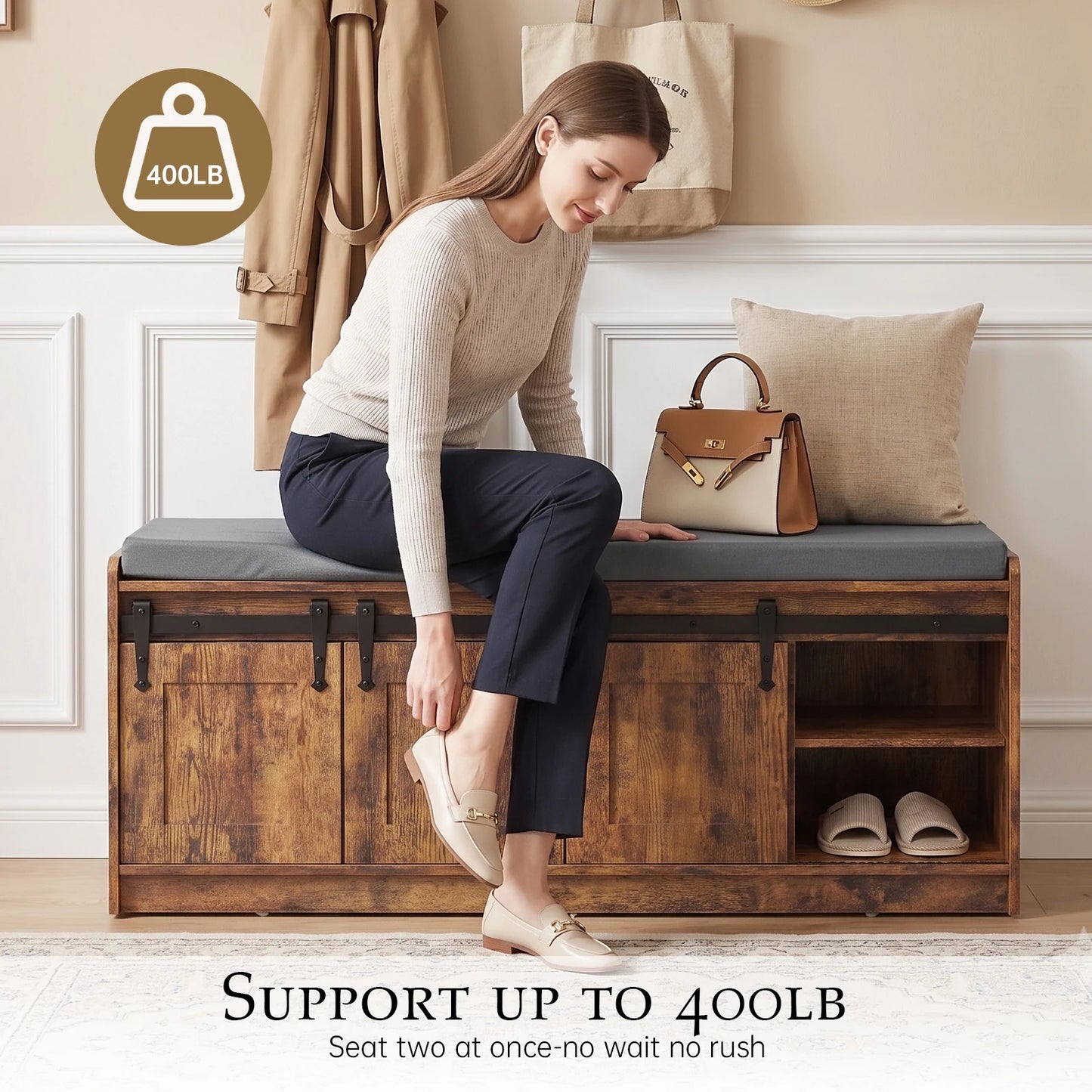 TinyNest Shoe Storage Benches With Linen Seat Cushion, 41.7 inch Farmhouse Entryway Bench, Shoe Rack Cabinet Bench Organizer With Adjustable Shelf & Sliding Door for Entryway, Hallway, Living Room, Bedroom End of Bed, Rustic