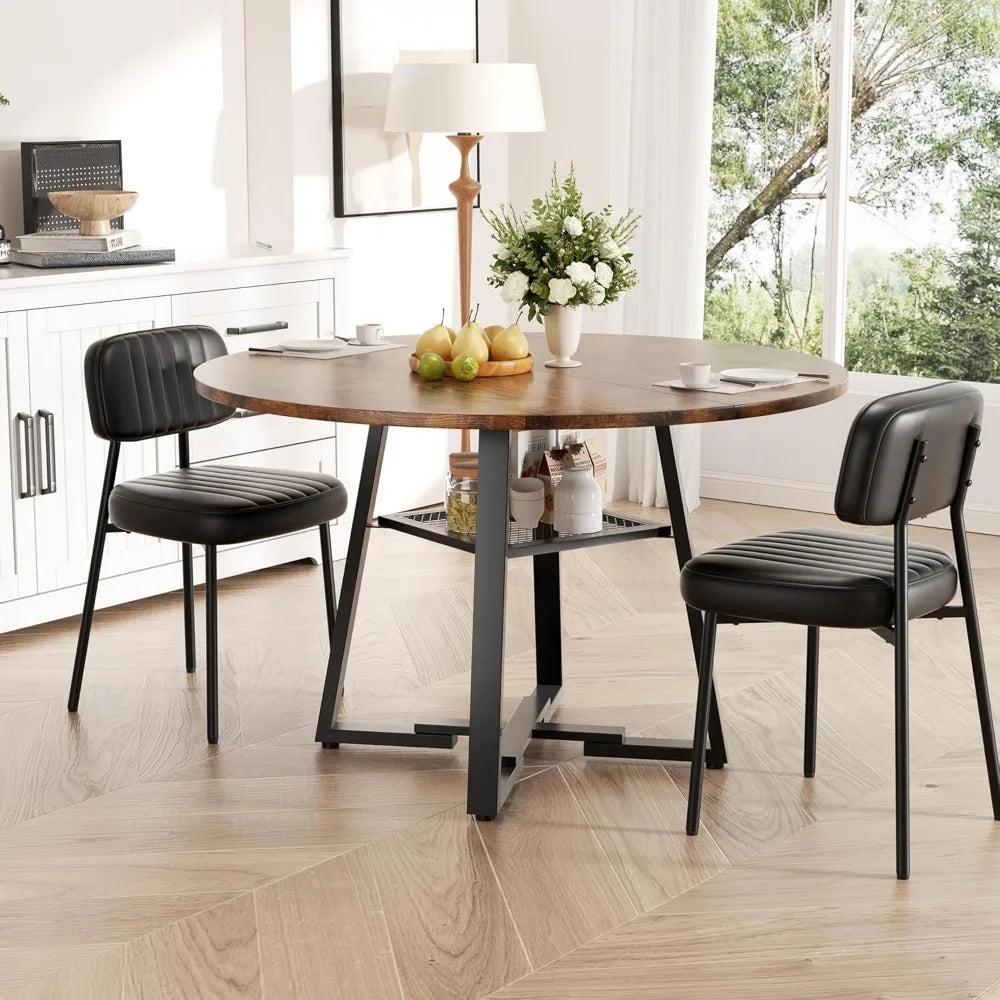 Round Dining Table With Storage Shelf And Modern Metal Legs