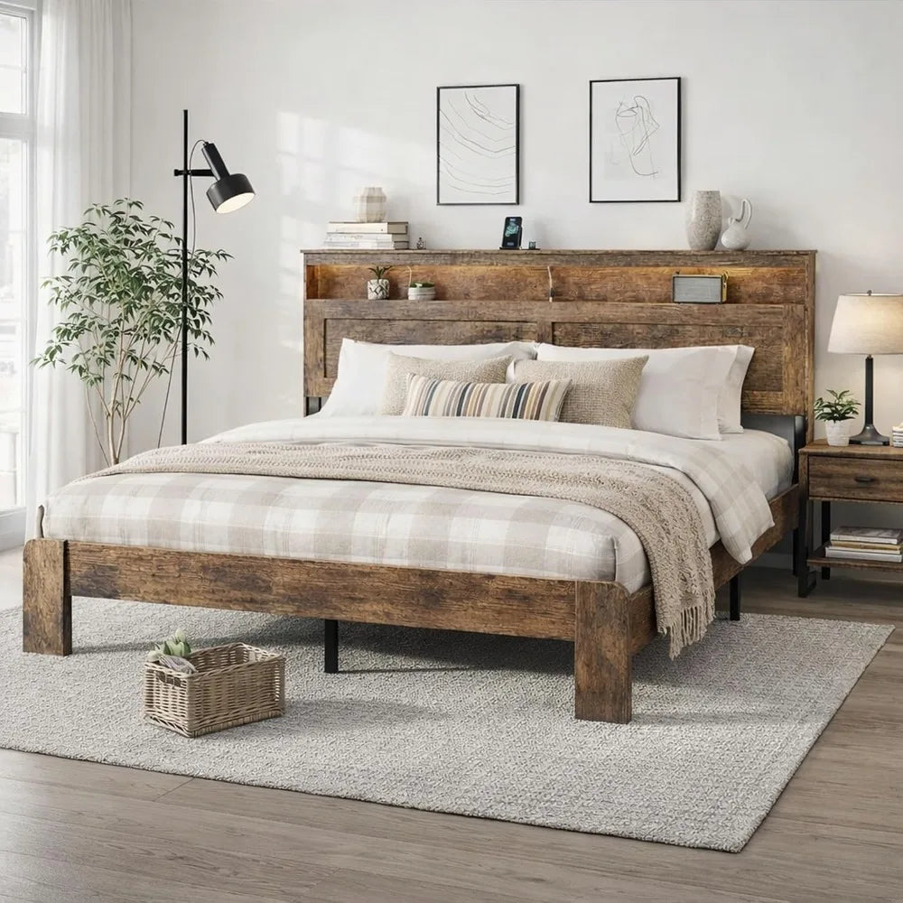 Wooden King Bed Frame with Headboard, USB & LED, No Box Spring Needed, Easy Assembly