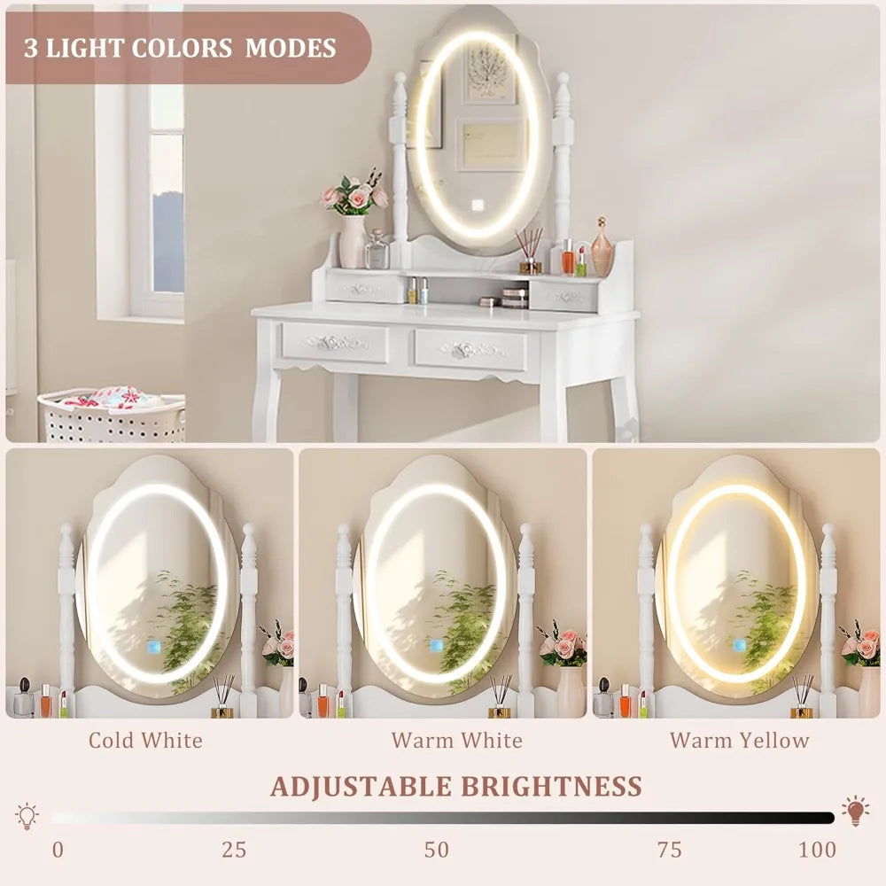 LED Mirror Vanity Desk with 4 Drawers & Stool, Adjustable Lighting Makeup Table for Bedroom, White