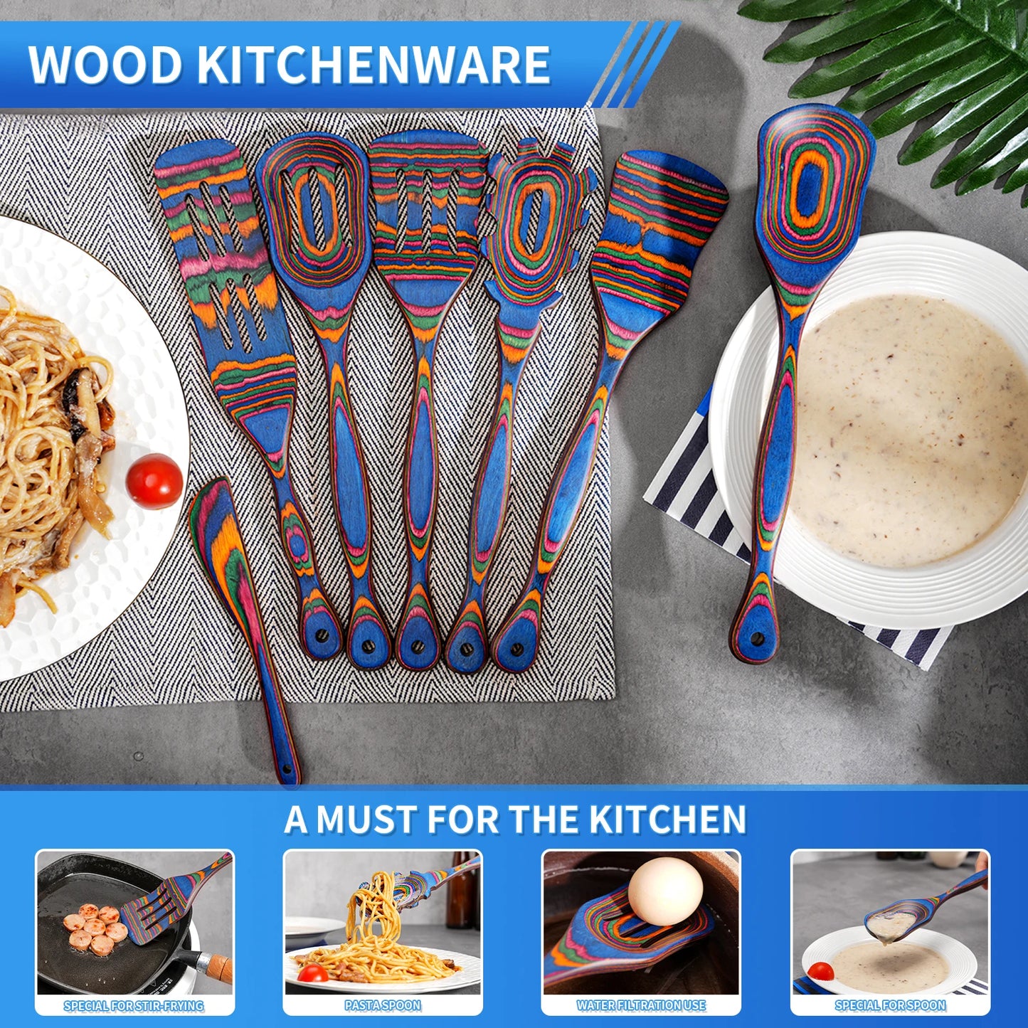 Pakkawood Wooden Utensil Set 7Pcs for Cooking Spoons