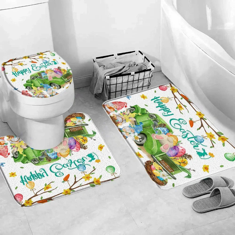 Happy Easter Bath Rug Set With Bunny Truck Eggs Decor