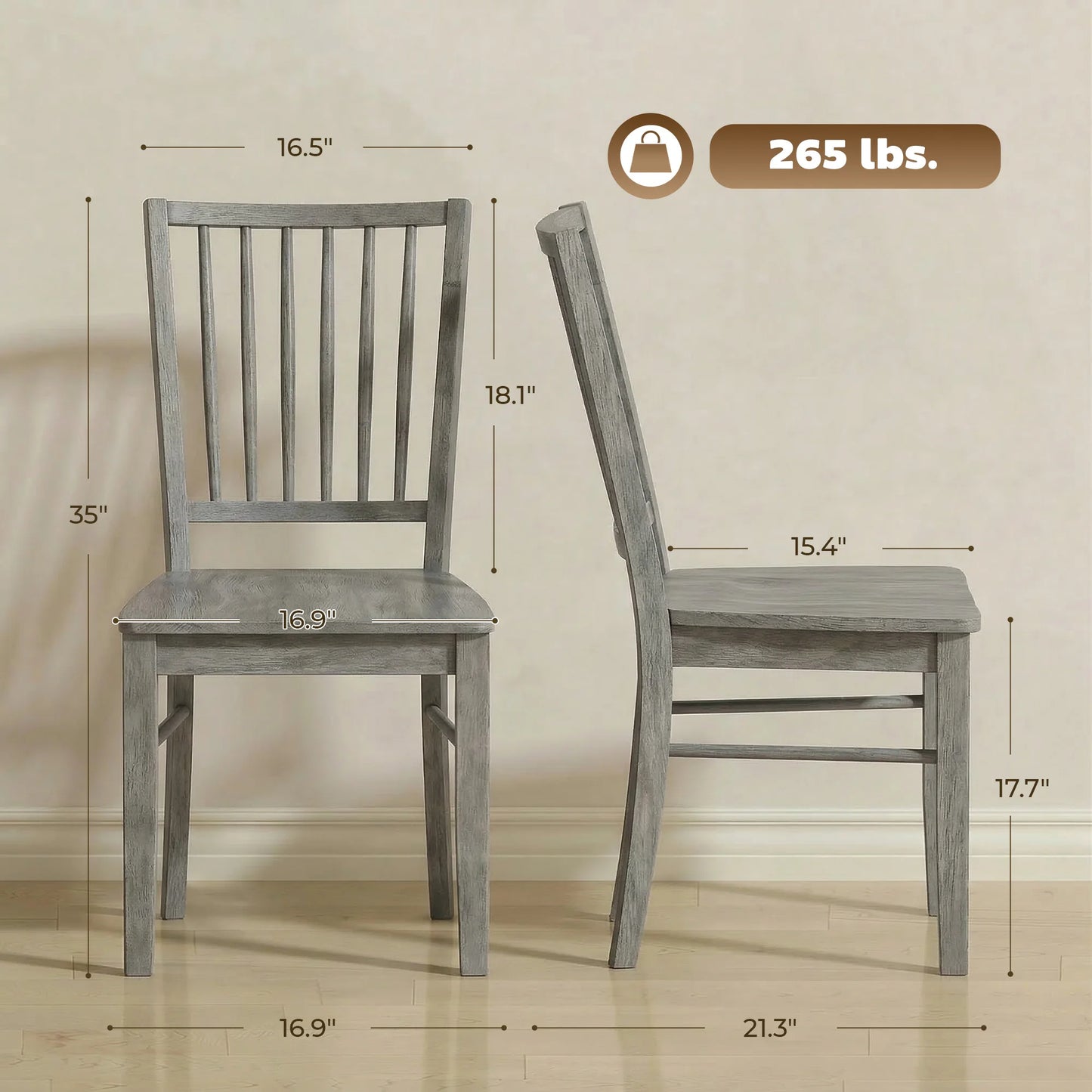 Homcom Farmhouse Dining Chairs Set of 2, Ergonomic Solid Wood Armless Kitchen Chairs with Rubberwood Legs for Dining Room, Kitchen, Rustic Gray