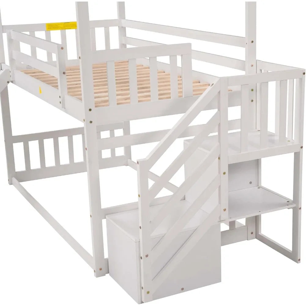 Solid Wood Over Bunk Bed With Slide And Storage Staircase