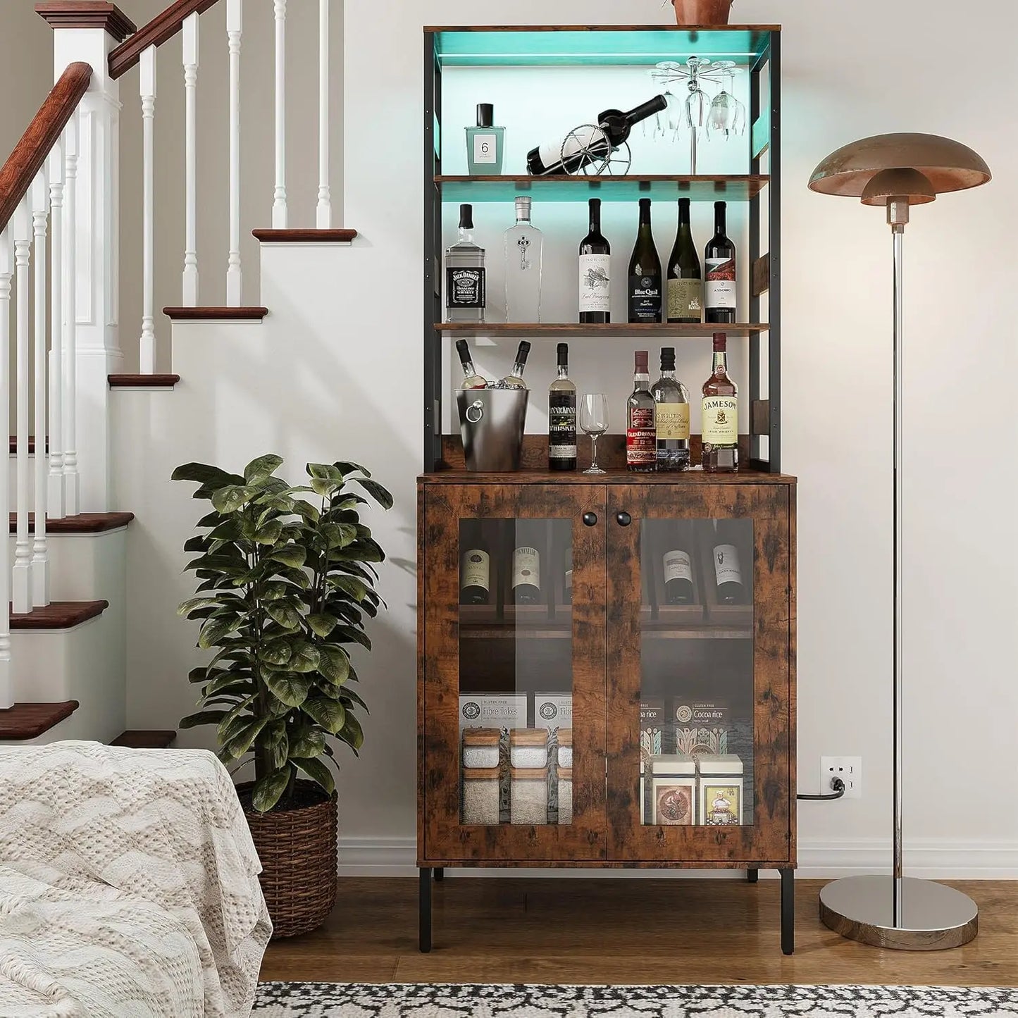 LED Kitchen Pantry Cabinet With Power Outlet And Glass Doors