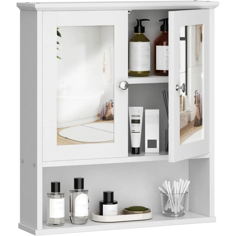 Cabinet With Mirror, Wood Medicine Cabinet With Adjustable Shelf, Wall Mount Cabinet Storage, Cupboard, Whit