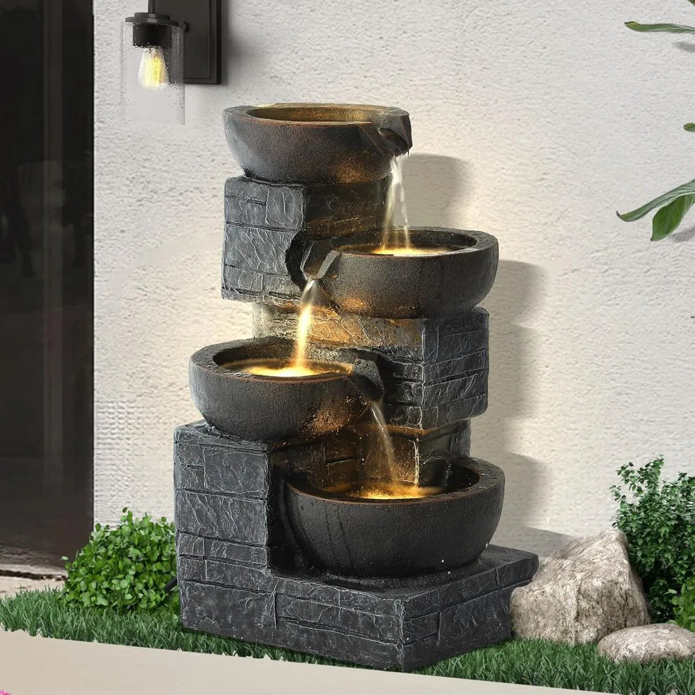 5-Tiers Outdoor Garden Water Fountain with Cascading Rock, Fountains and Waterfalls w/LED,