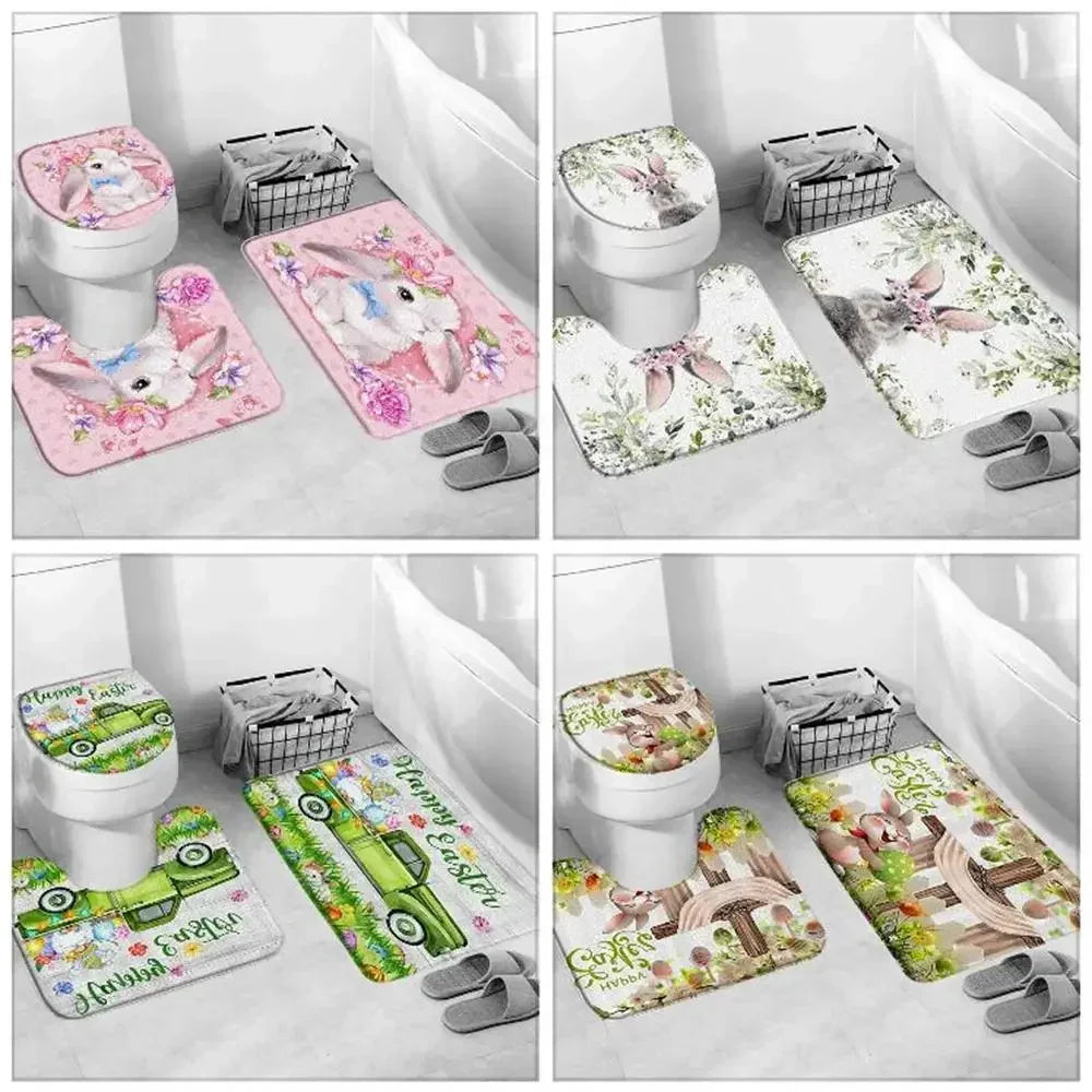 Happy Easter Bath Rug Set With Bunny Truck Eggs Decor