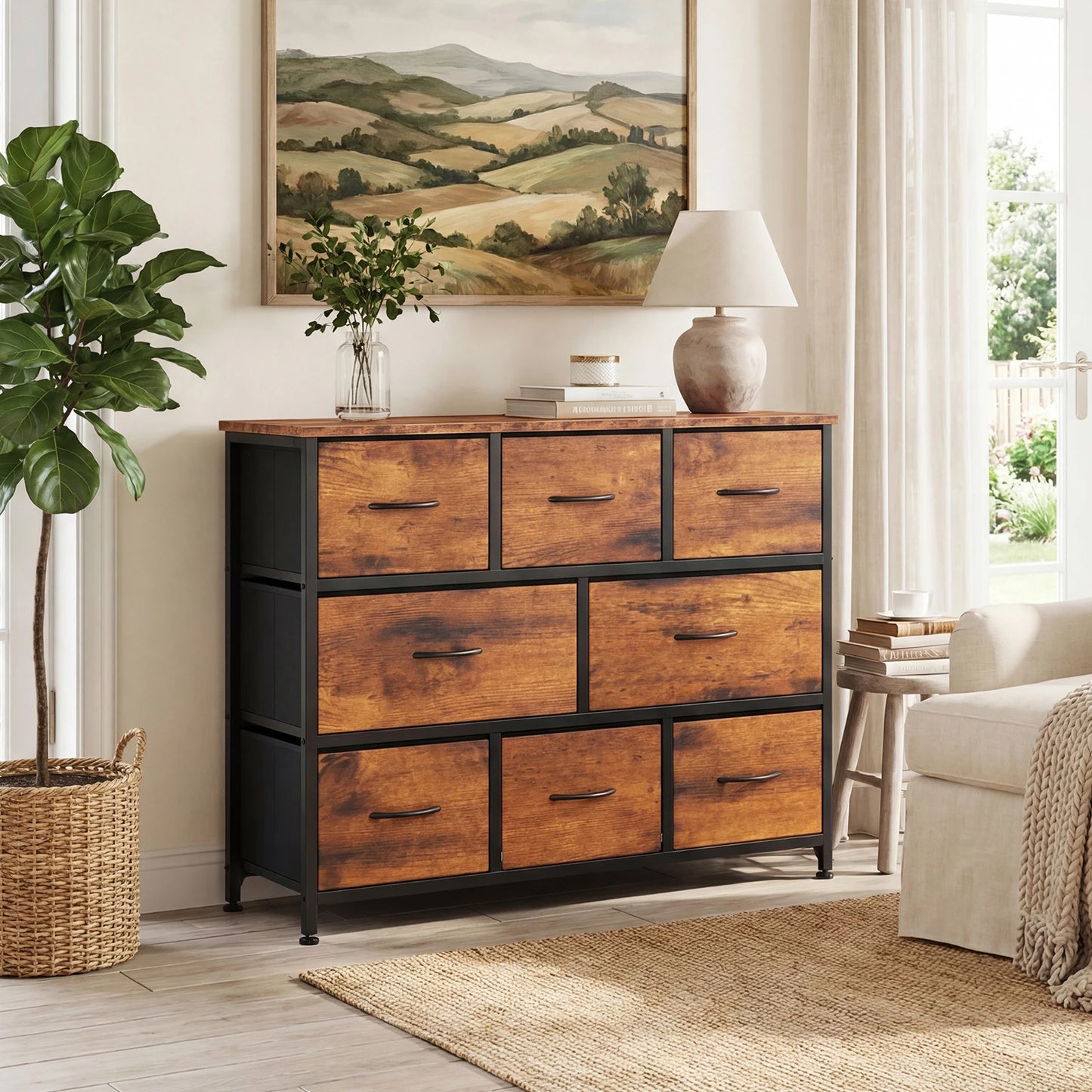 JHK Dresser with 8 Fabric Drawers Cabinet for Living Room Wide Storage Dressers for Closet Chests of Drawers with Wood Top and Mental Frame Storage Unit for Bedroom and Entryway