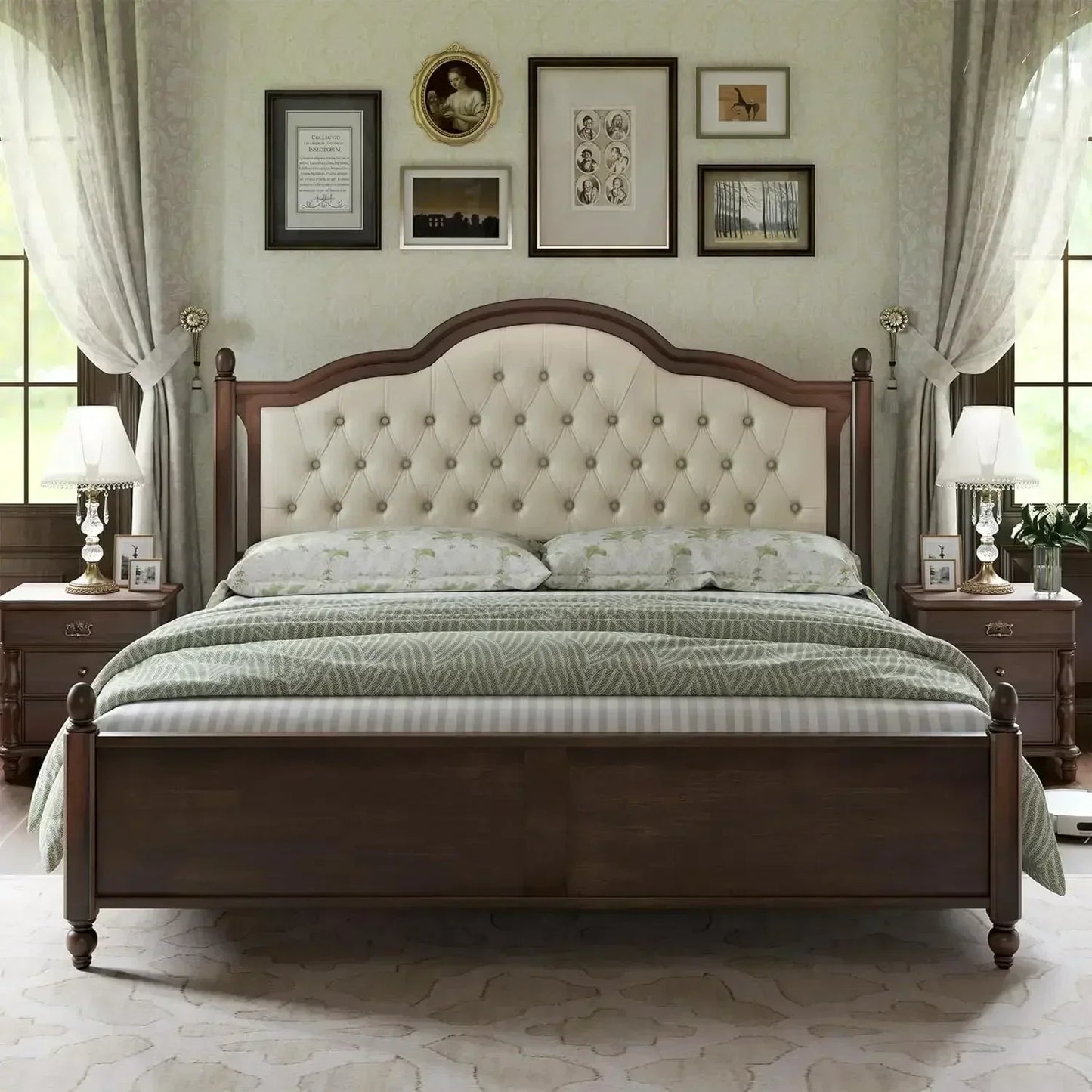 Solid Wood Bed Frame With Upholstered Tufted Headboard