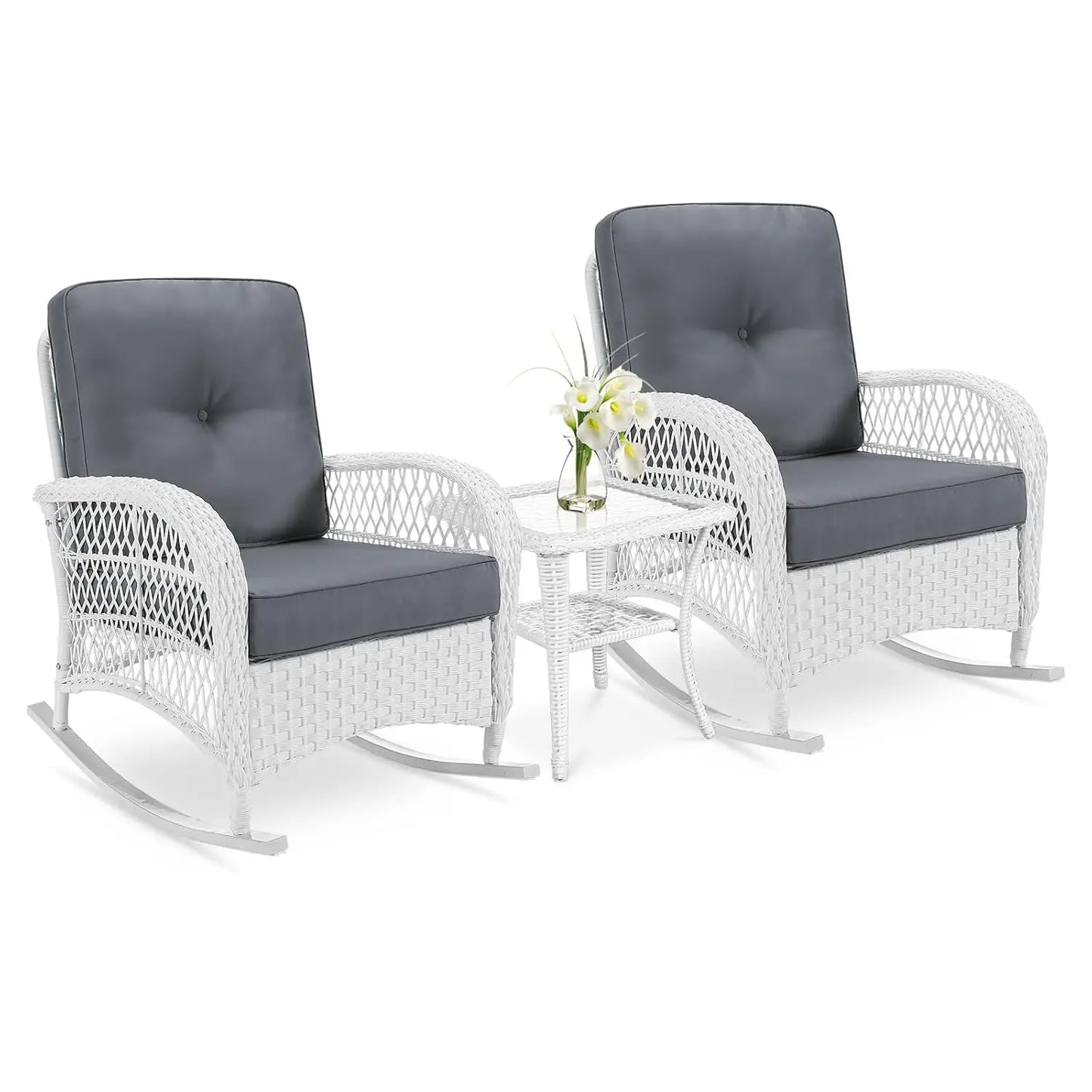 Outdoor Wicker Rocking Bistro Set Cushioned Chairs Glass Top Table