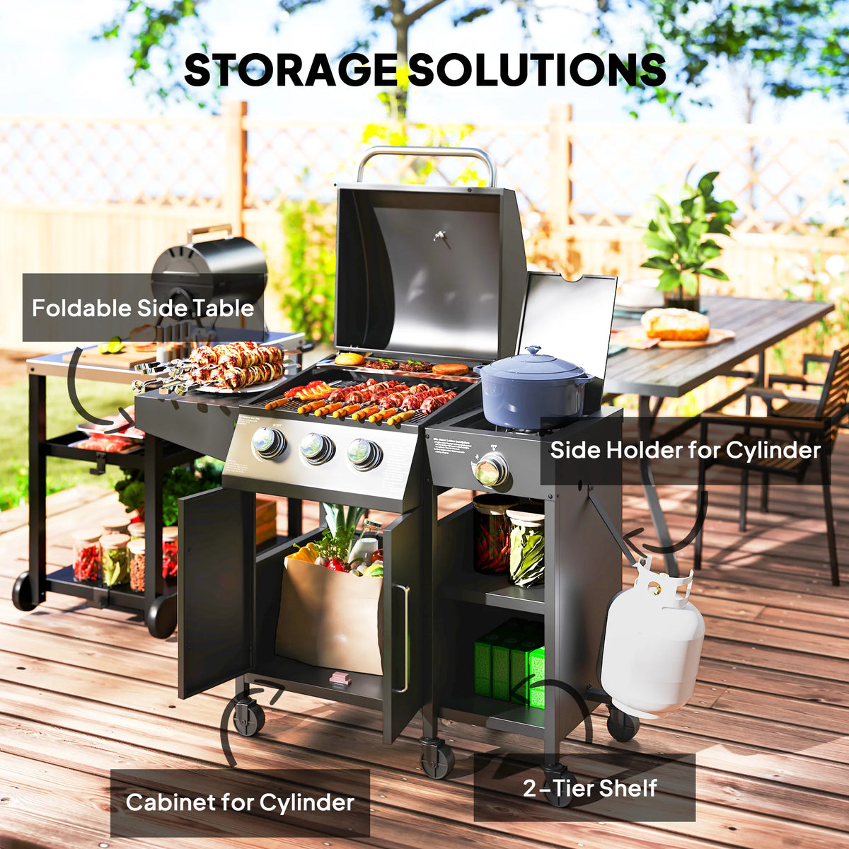 Outsunny Three Burner Gas Grill With Side Burner And Shelves