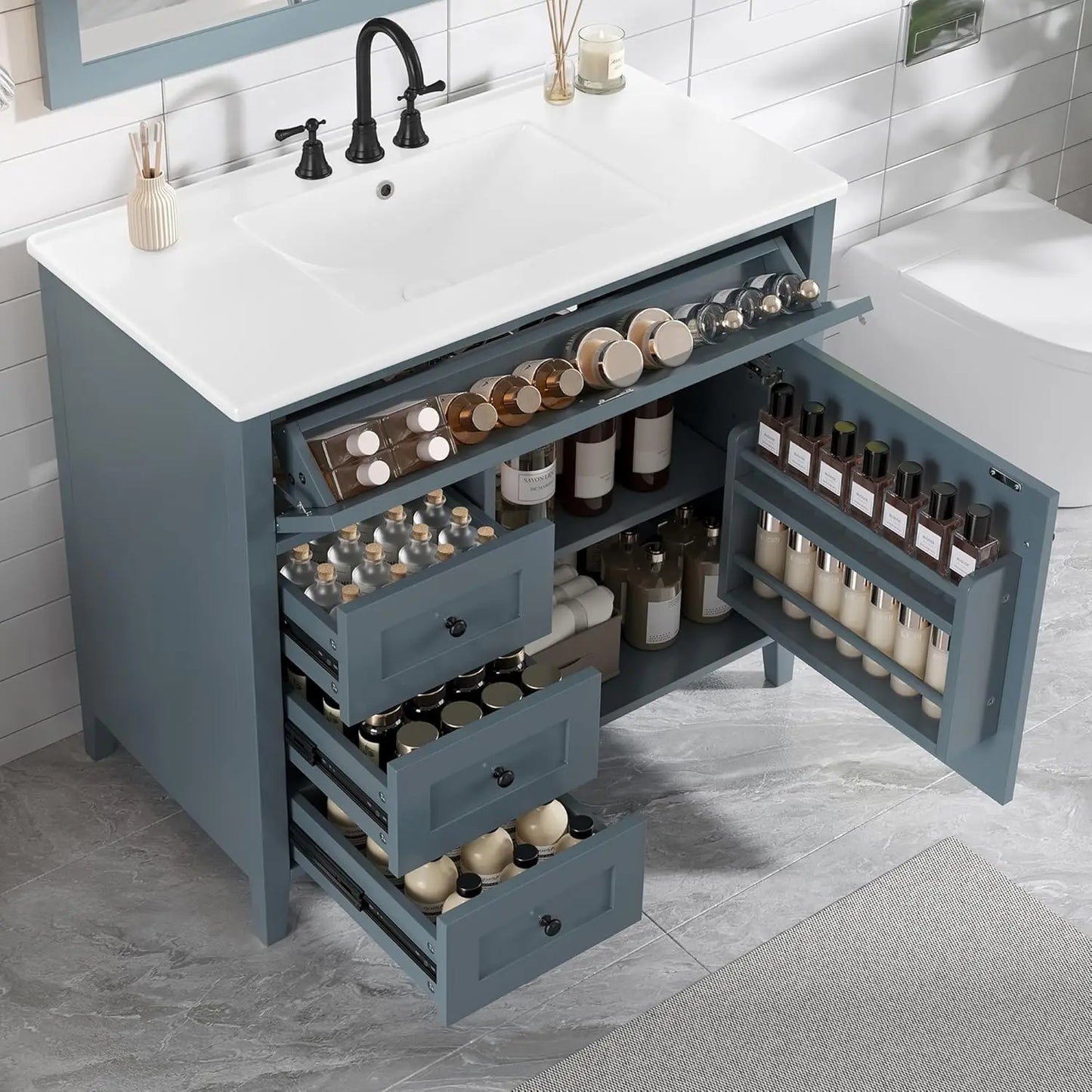 Free Standing Bathroom Vanity With Ceramic Sink And Wood Cabinet