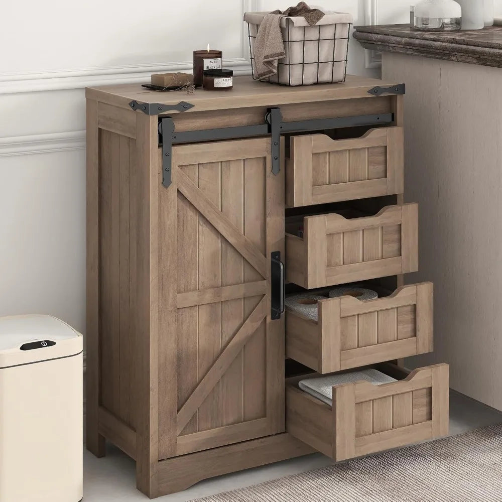 XMSJ Farmhouse Bathroom Cabinet With Sliding Door And Drawers