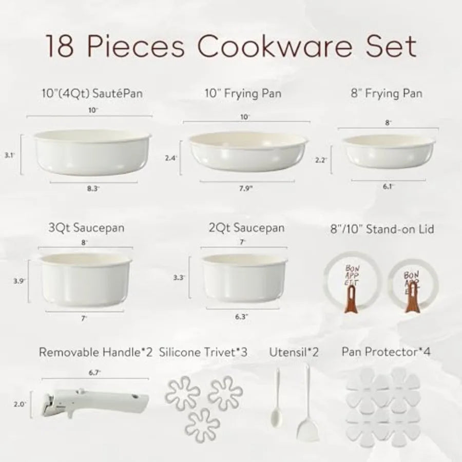 Ceramic Cookware Set With Detachable Handle 18 Pieces Nonstick Lids