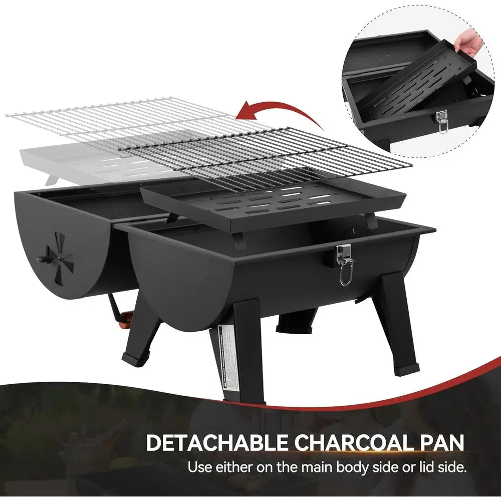 Portable Charcoal Grill, Convertible Lid-to-Grill Zone | Outdoor Compact Tabletop Barrel BBQ Grill with 217 Sq. In., Backyard, P