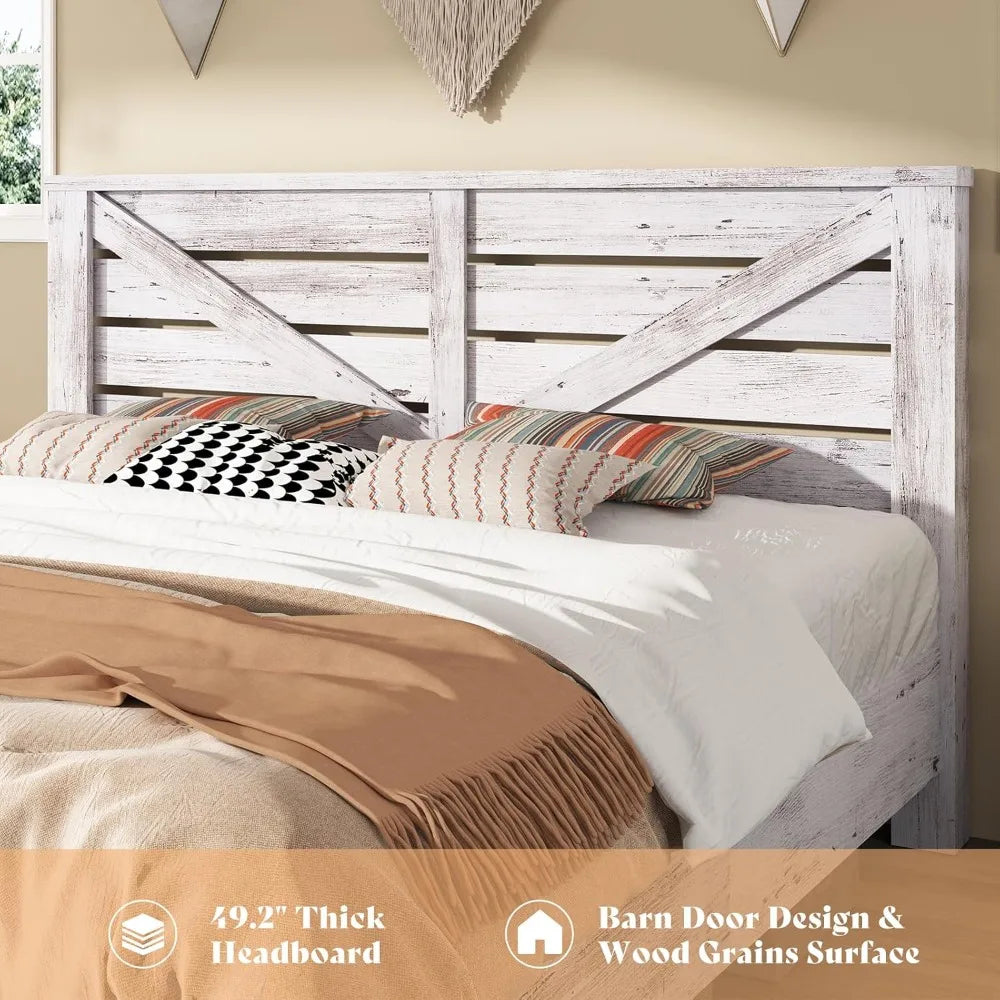 Full Size Bed Frame with Barn Door Headboard, Farmhouse Platform, Wood Slats, No Box Spring, Under Bed Storage, White