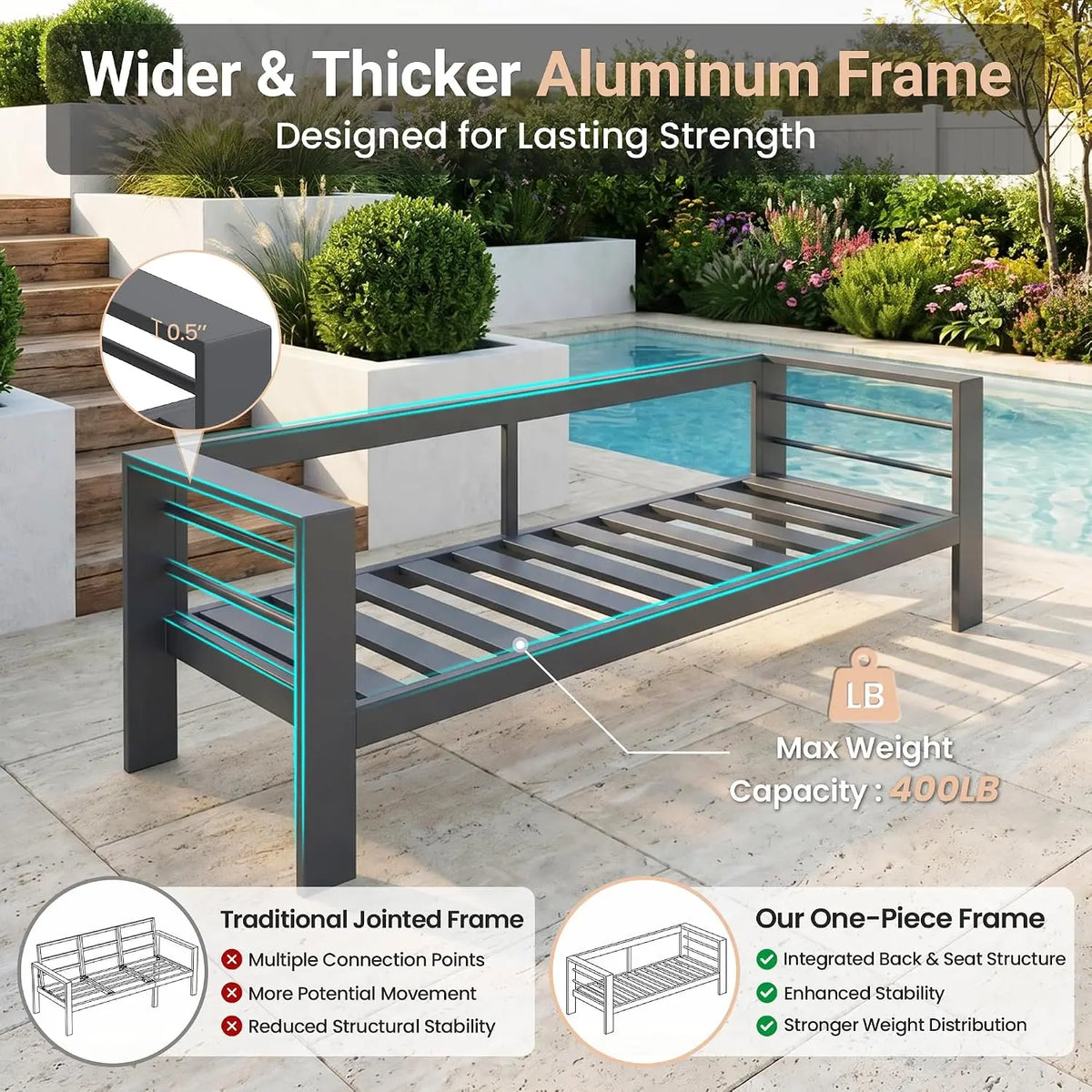 Outdoor Aluminum Patio Loveseat Sofa with Metal Frame and Cushions