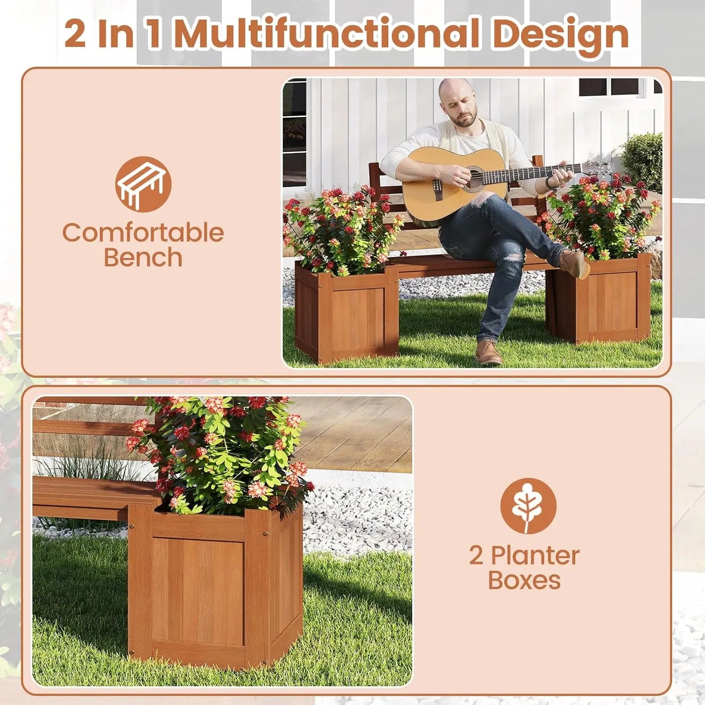 2-in-1 Wood Outdoor Bench With Raised Garden Beds Patio