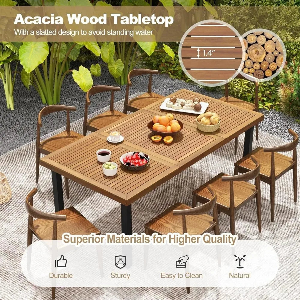 Acacia Wood Patio Dining Table With Umbrella Hole Metal Legs