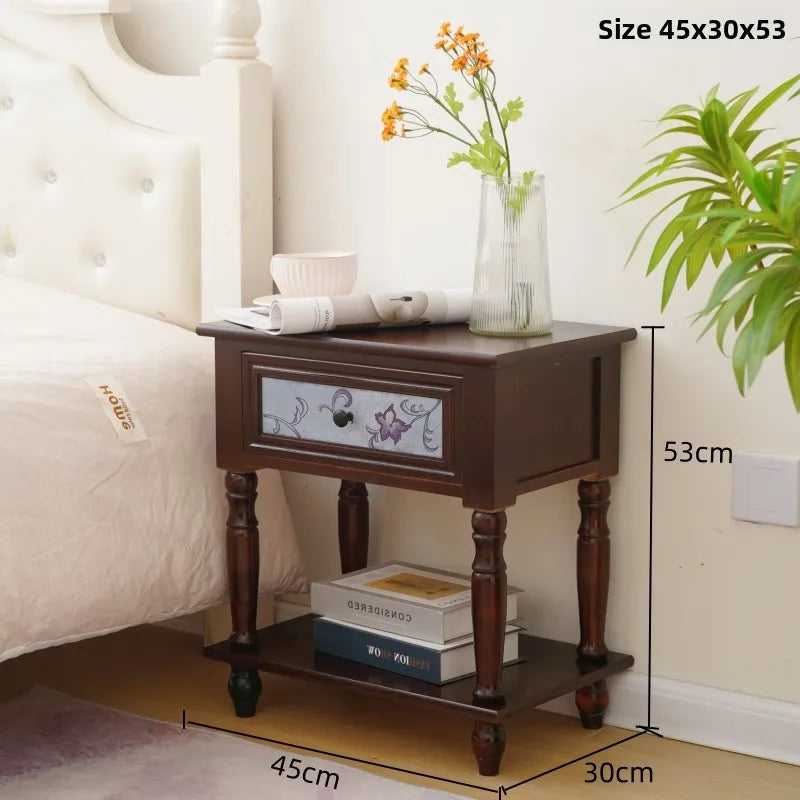 Solid Wood Vintage French Nightstand With Distressed Bedside Drawer