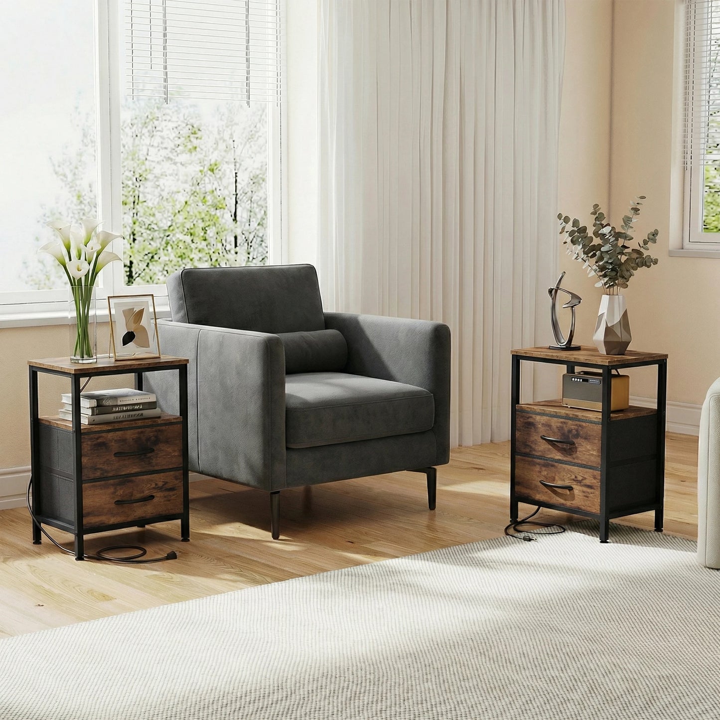 JHK Two-Drawer Fabric Nightstands With USB Ports Set Of 2