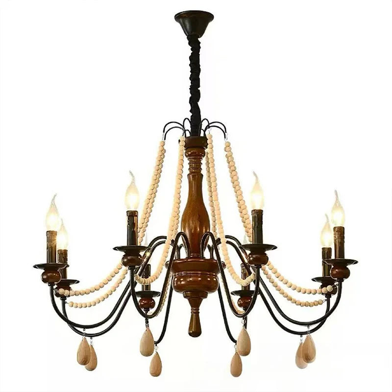 SaloEElaitte American Retro Wood Candle E27 Chandelier Pendant Light