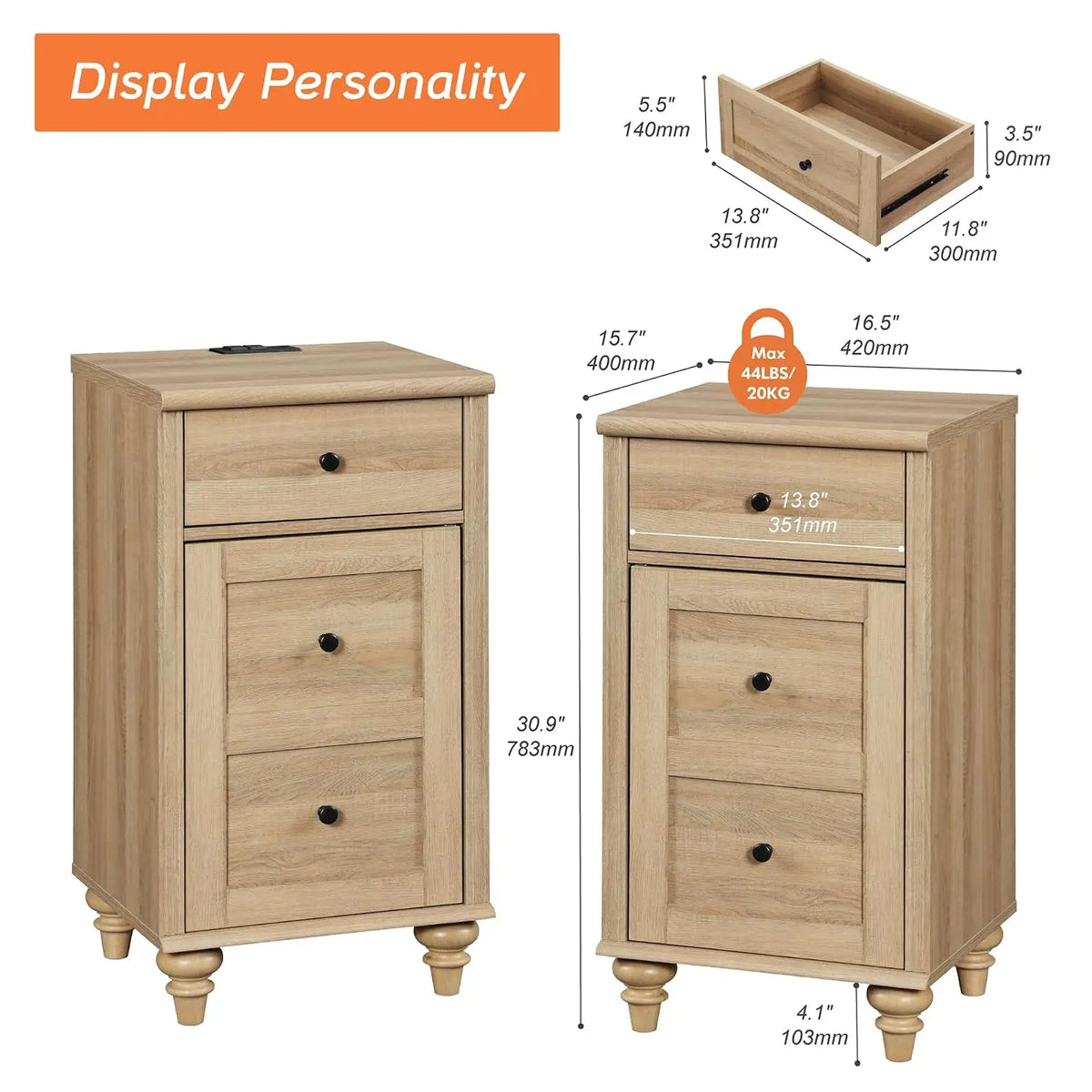 Nightstands With Charging Station, Set Of 2 Modern End Table, Oak | Bedside Table With Power Outlets & USB Ports, Customized