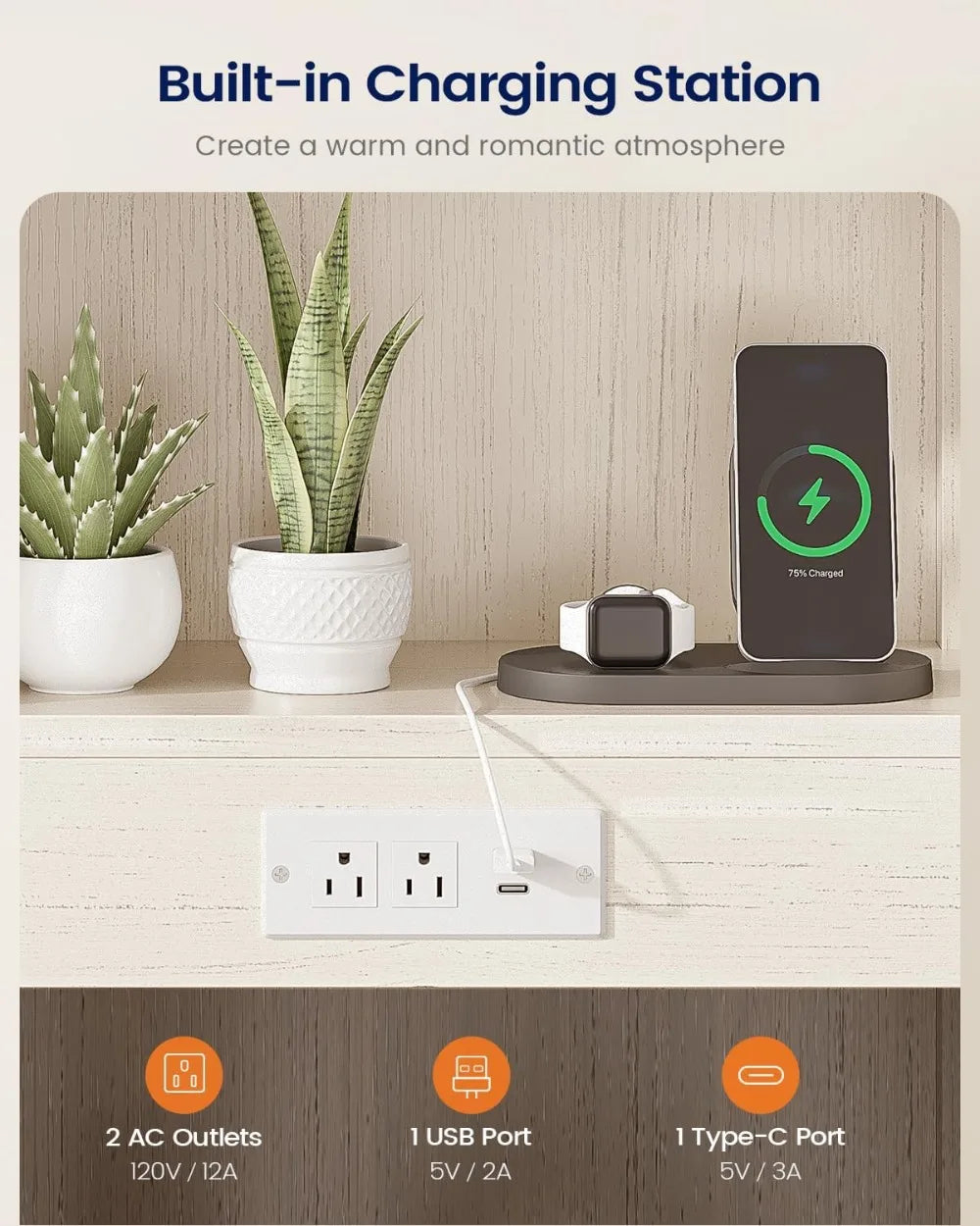 Farmhouse Nightstand Set Of 2 With Charging Station