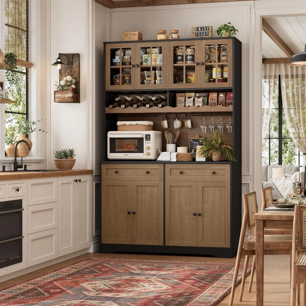 75.4" Tall Kitchen Pantry Cabinet with Charging Station, Modern White Kitchen Hutch with Microwave Stand and Wine, Customized