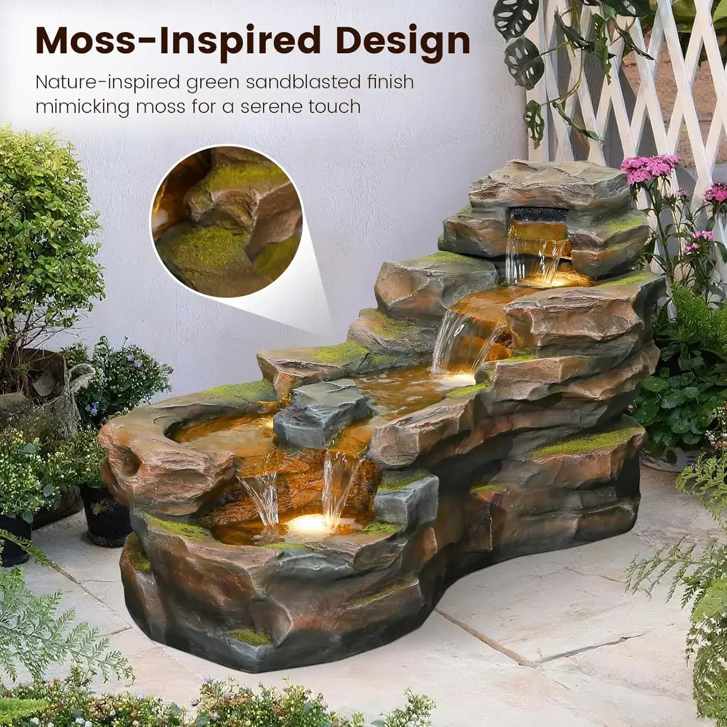 Outdoor Floor Standing Water Fountain Five Tier Rock Waterfall LED