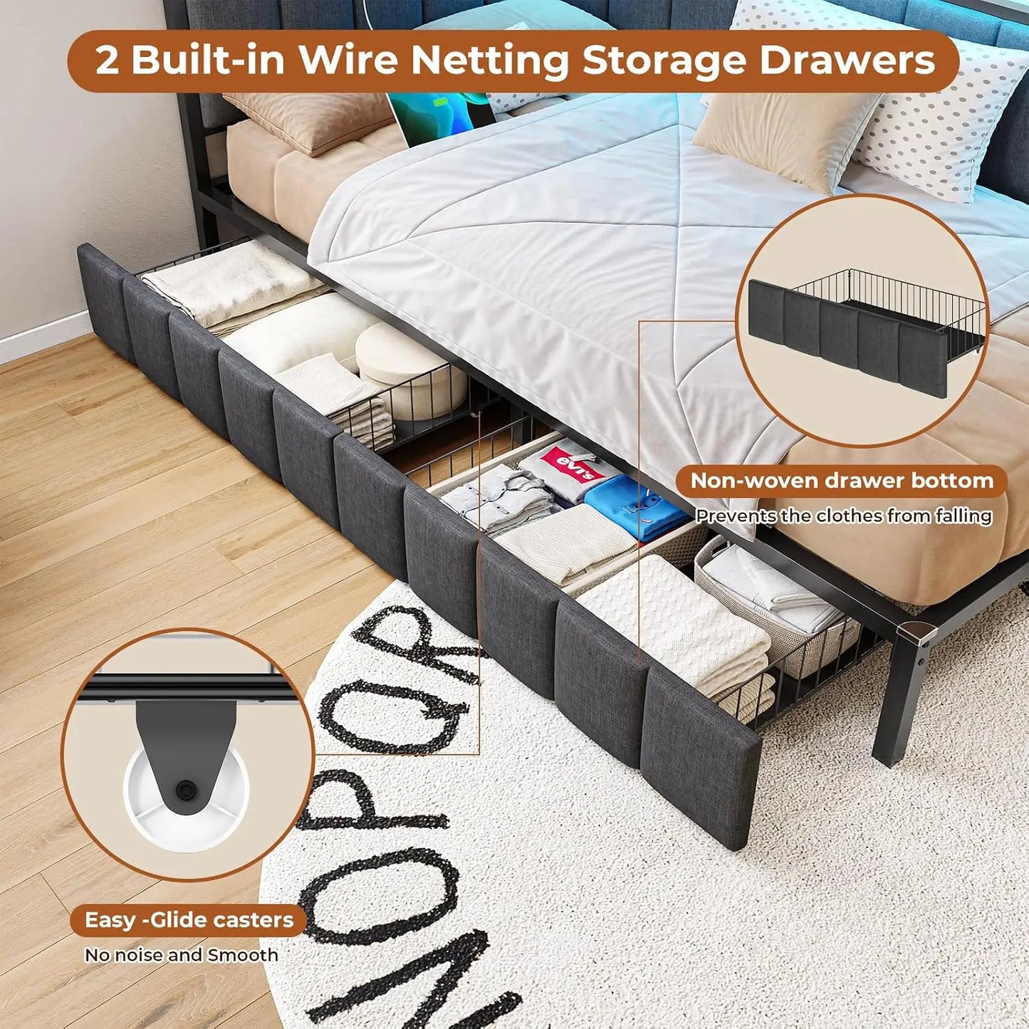 DICTAC Twin Corner Bed Frame with 2 Storage Drawers and Charging Station Twin Bed Frames with Storage and Led Lights Twin Size D