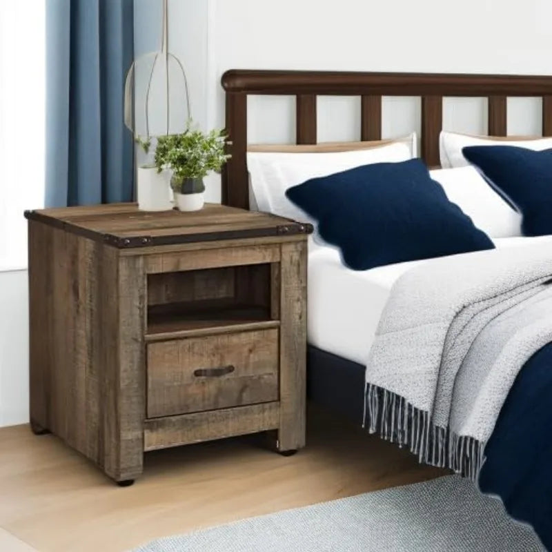 Signature Design by Ashley Trinell Rustic 1 Drawer Nightstand, USB Charing, Storage Cubby,Wood, 24.72" W x 16.18" D x 26.22" H,