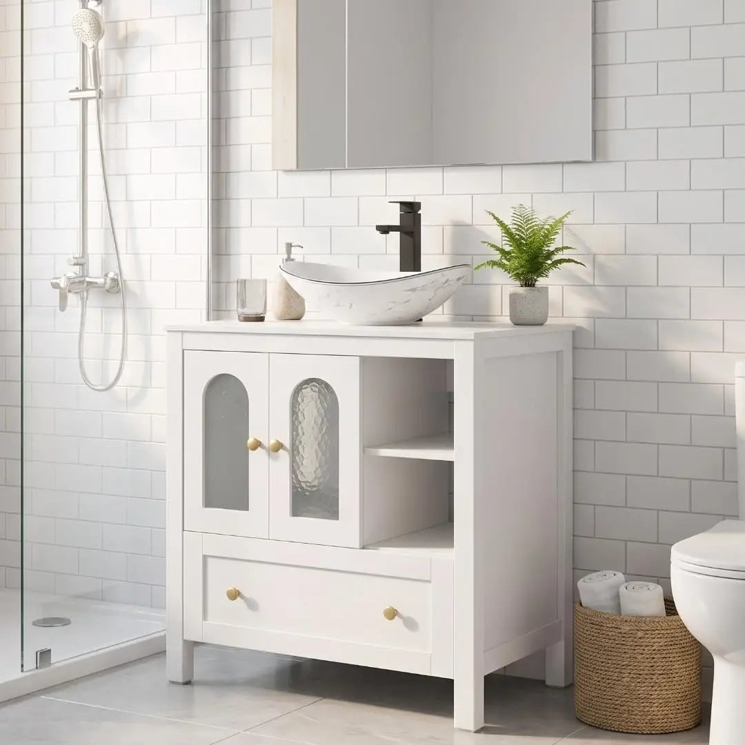 30" Bathroom Vanity with Sink, Freestanding Cabinet, 2 Water Ripple Doors & 1 Drawer, Soft-Close, Silver Glass Boat Sink, White,