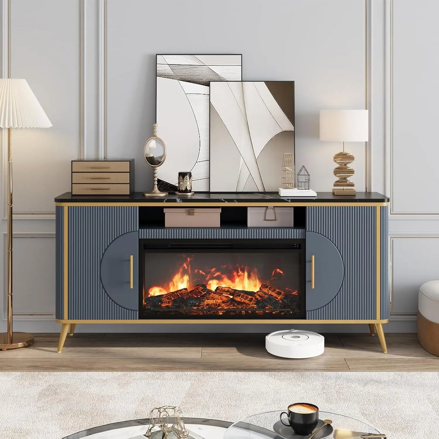 Modern Fluted TV Stand With Electric Fireplace Entertainment Center