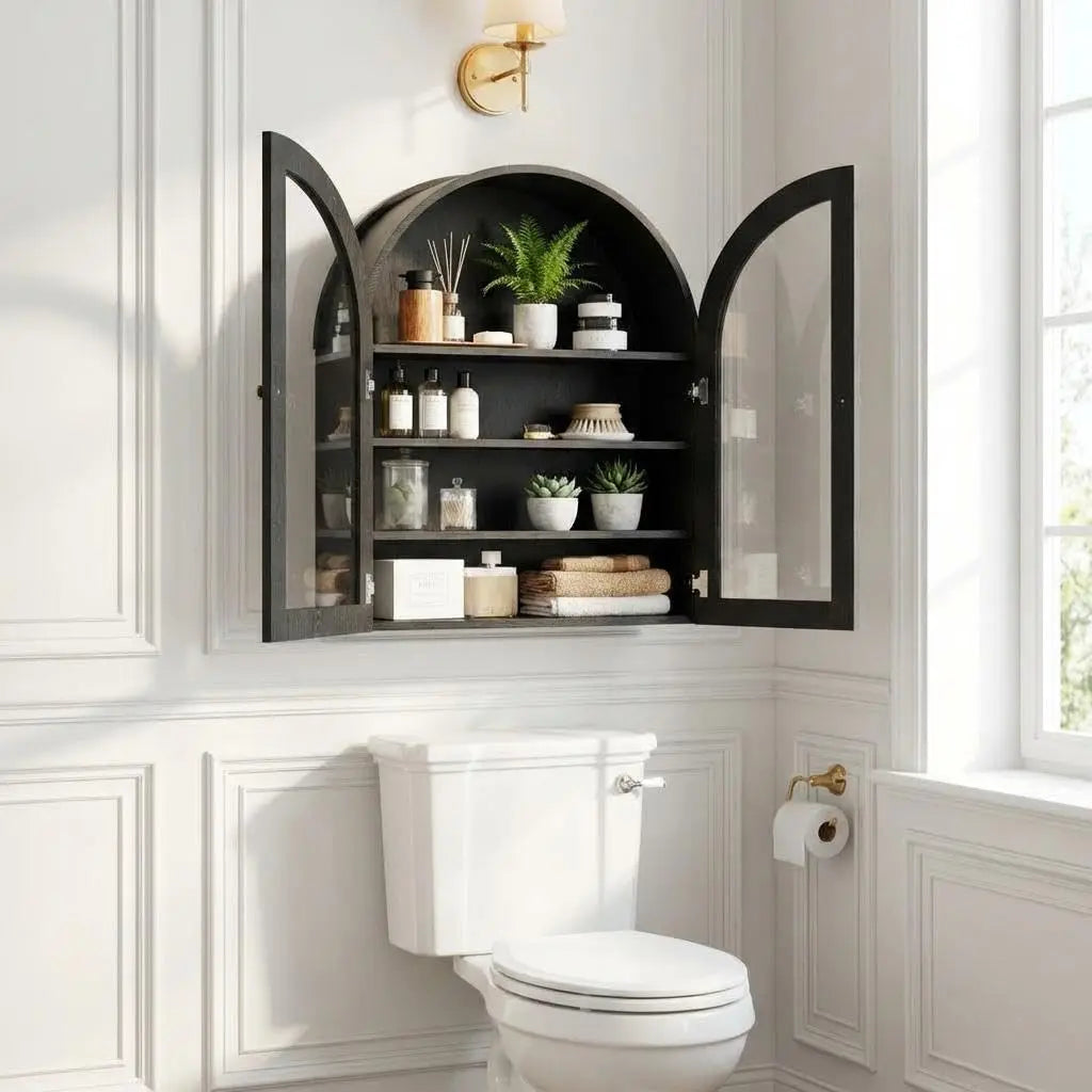 Arched Bathroom Wall Cabinet, Wall Mounted Display Cabinet with Glass Doors & Adjustable Shelves, Medicine Cabinet for Living Room Kitchen