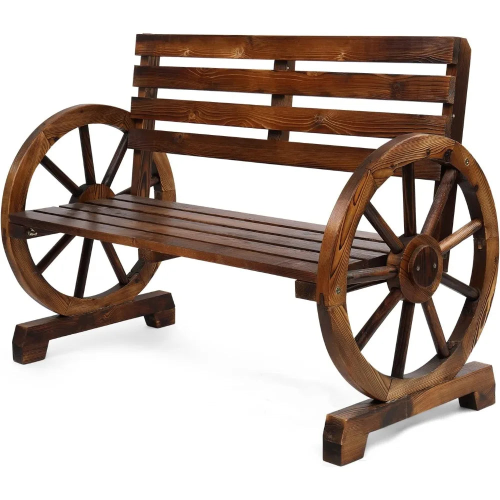 VINGLI 41in Rustic Wooden Wheel Bench,Outdoor Patio Wagon Slatted Seat,350lbs High Capacity Weather Resistant for Garden