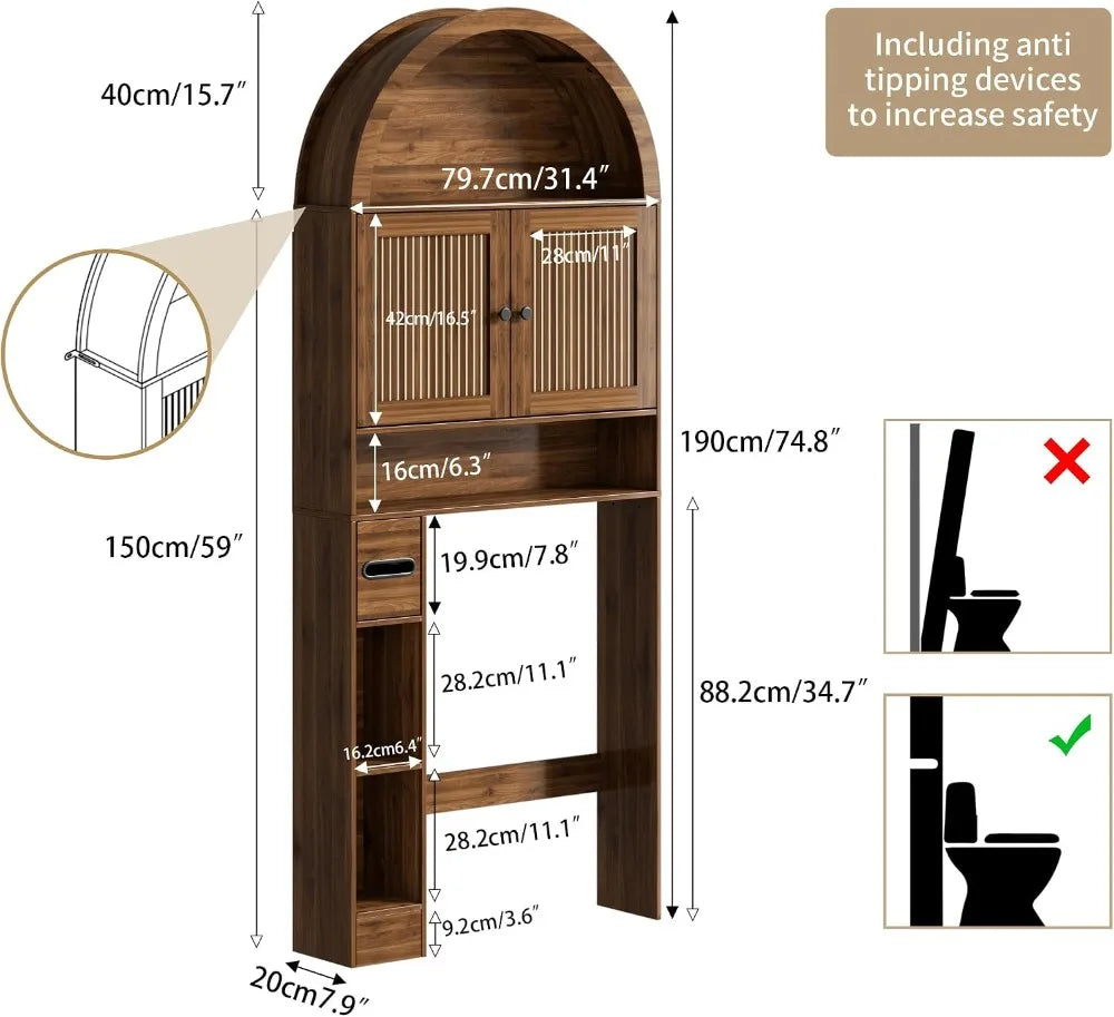 4-Tier Over Toilet Storage Cabinet, Fluted Doors, Walnut, Bathroom Organizer with TP Holder