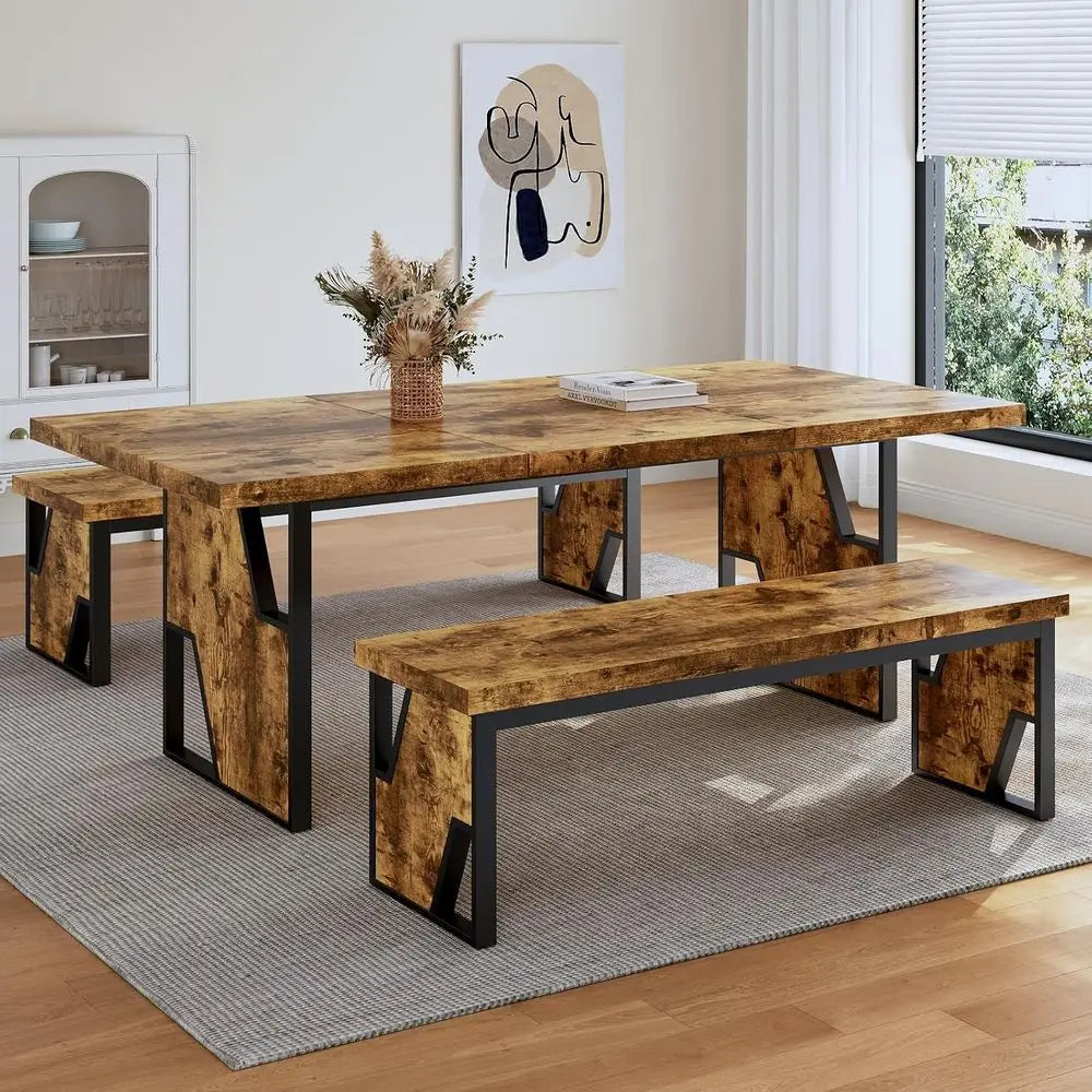 70.8" Wooden Dining Table with 2 Benches, ern Kitchen Table and Chairs Set or 4-6 Person, Thickened MD Wooden Table with Dining
